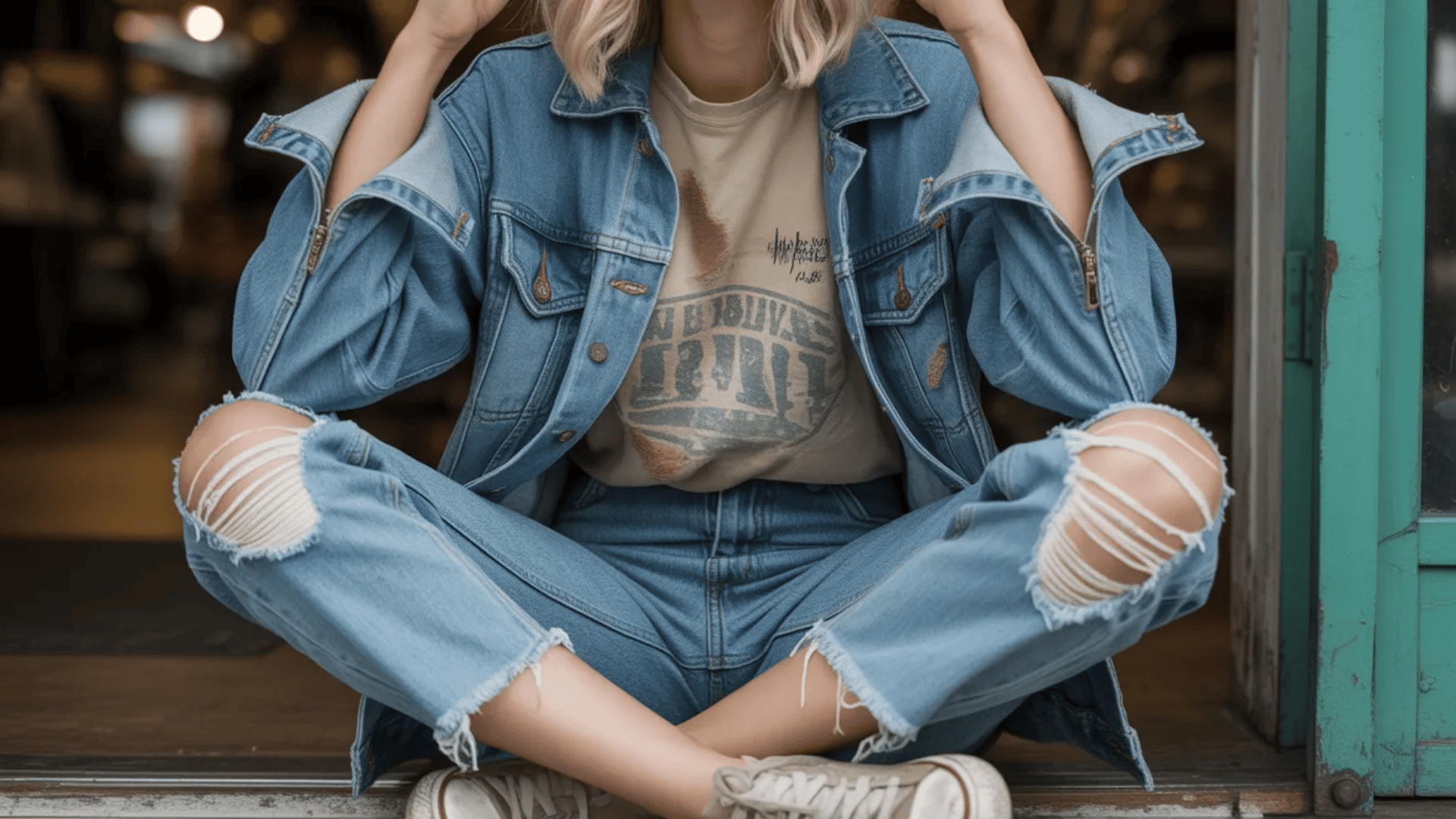 Indie sleaze look with ripped jeans, frayed hems, a layered denim jacket, and a worn graphic tee styled casually while sitting in a doorway