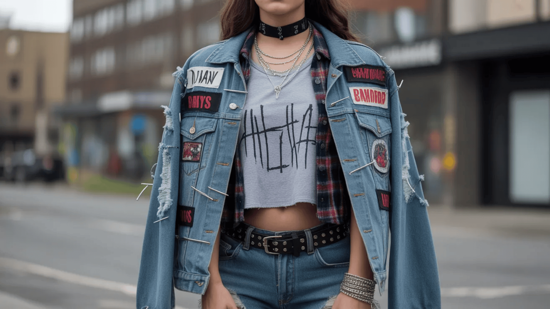 Indie sleaze outfit featuring a distressed denim jacket covered in patches and safety pins, layered over a cropped graphic tee with a choker, studded belt, and stacked jewelry for a customized punk-inspired look