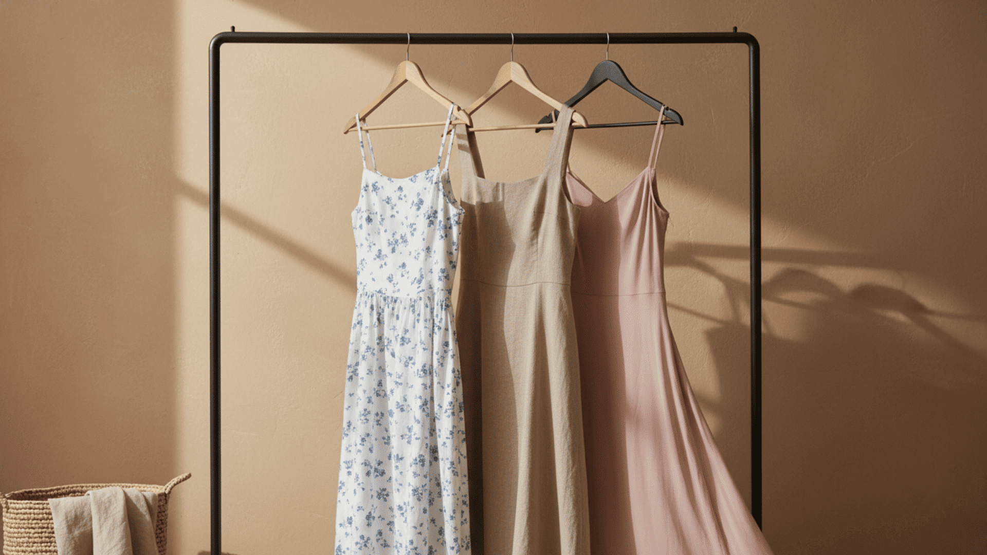 Summer capsule wardrobe dresses, including a floral midi dress, a beige slip dress, and a blush satin dress, on hangers