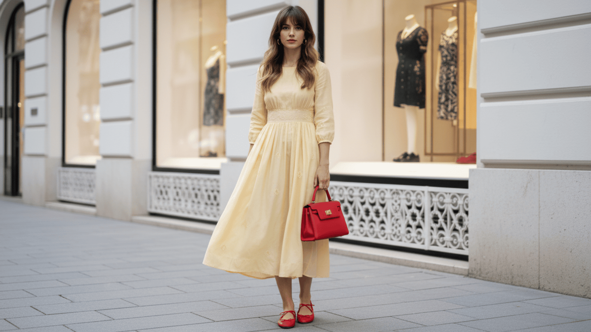 Woman in casual chic yellow midi dress with red heels and matching red handbag, walking past boutique storefront in the city