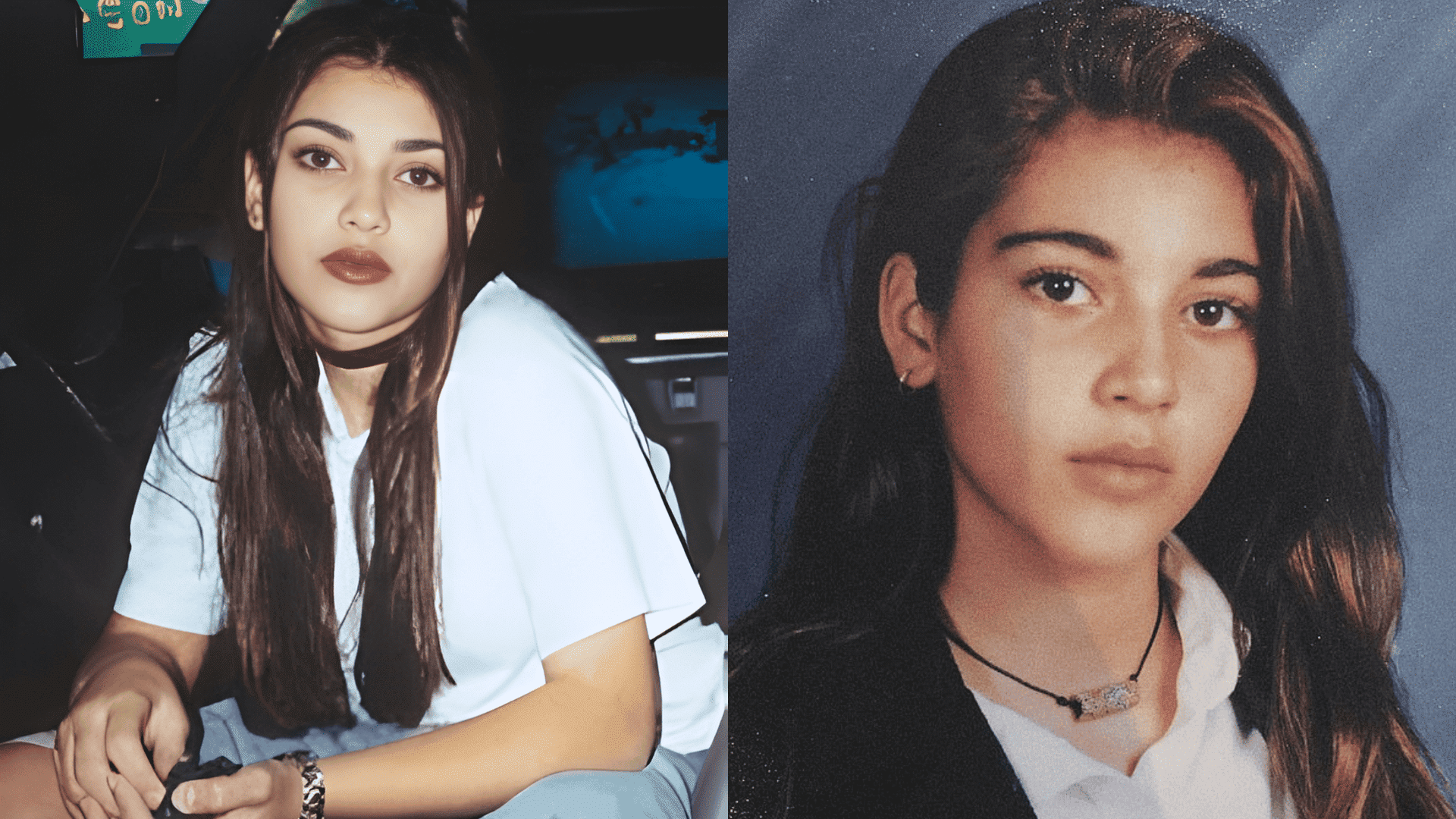 Two early photos of Kim Kardashian showing her natural teenage look with long dark hair, minimal makeup, and soft facial features