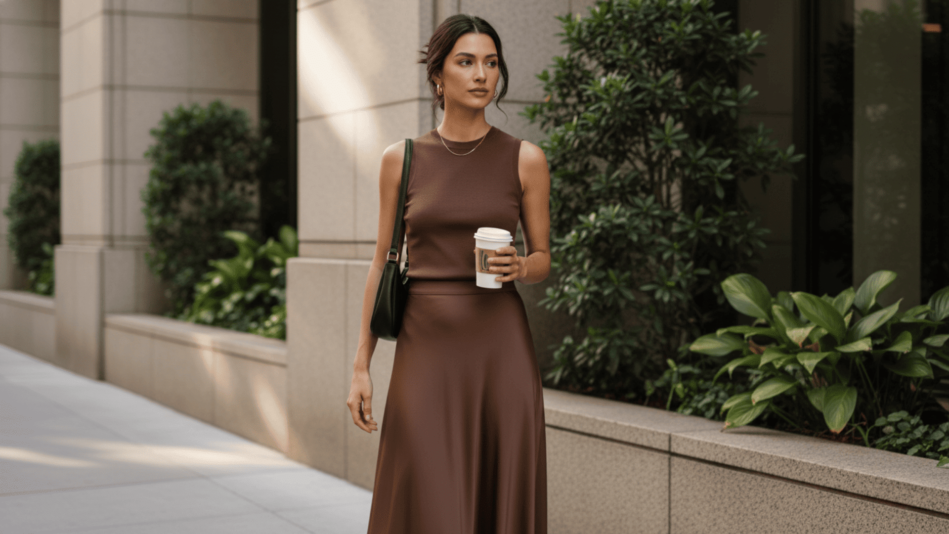 Woman in casual chic sleeveless brown midi dress holding a coffee cup on a city sidewalk