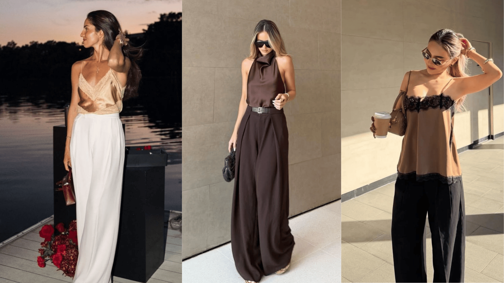 Three elevated evening outfits featuring wide-leg pants styled with silk or satin tops in neutral and jewel tones for an elegant, dressy look