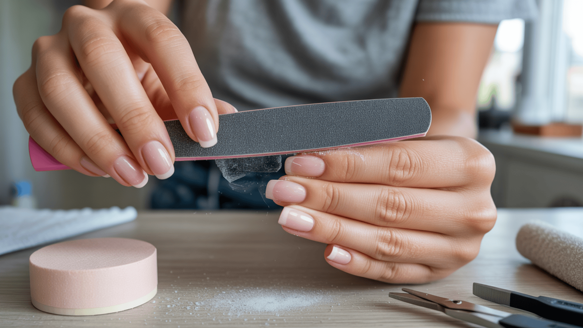 Filing down acrylic nails method using a nail file to reduce thickness before removal.