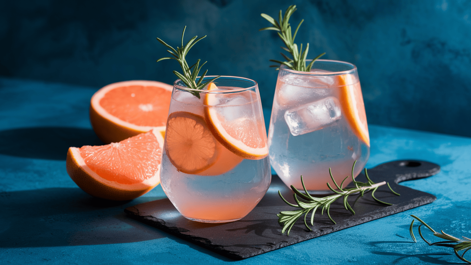 Two grapefruit cocktails in stemless glasses garnished with rosemary and grapefruit slices, set beside halved grapefruit on a dark surface