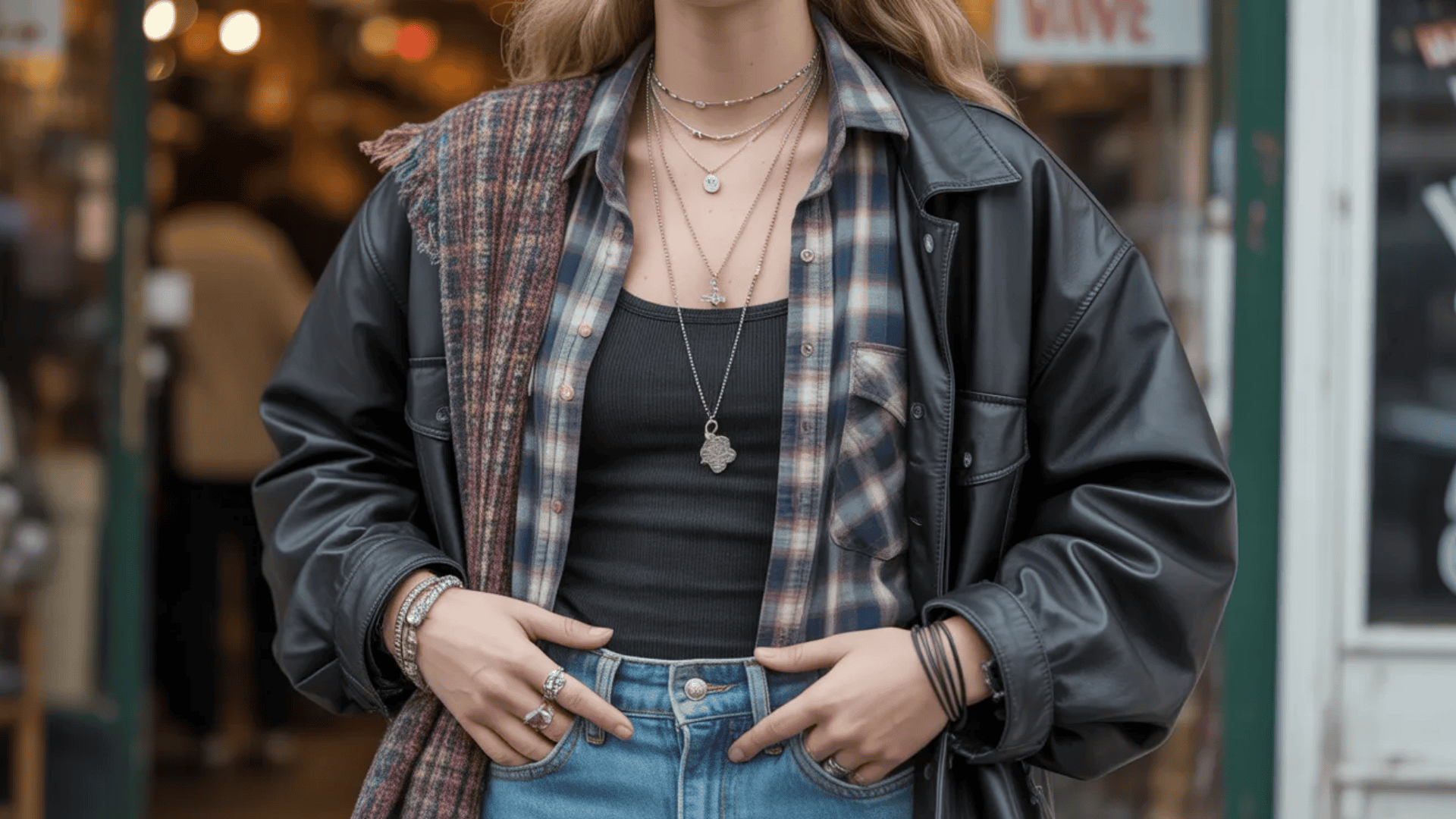 Indie sleaze outfit with layered tank top, plaid button-up, oversized leather jacket, stacked necklaces, and casual denim styled in a street setting
