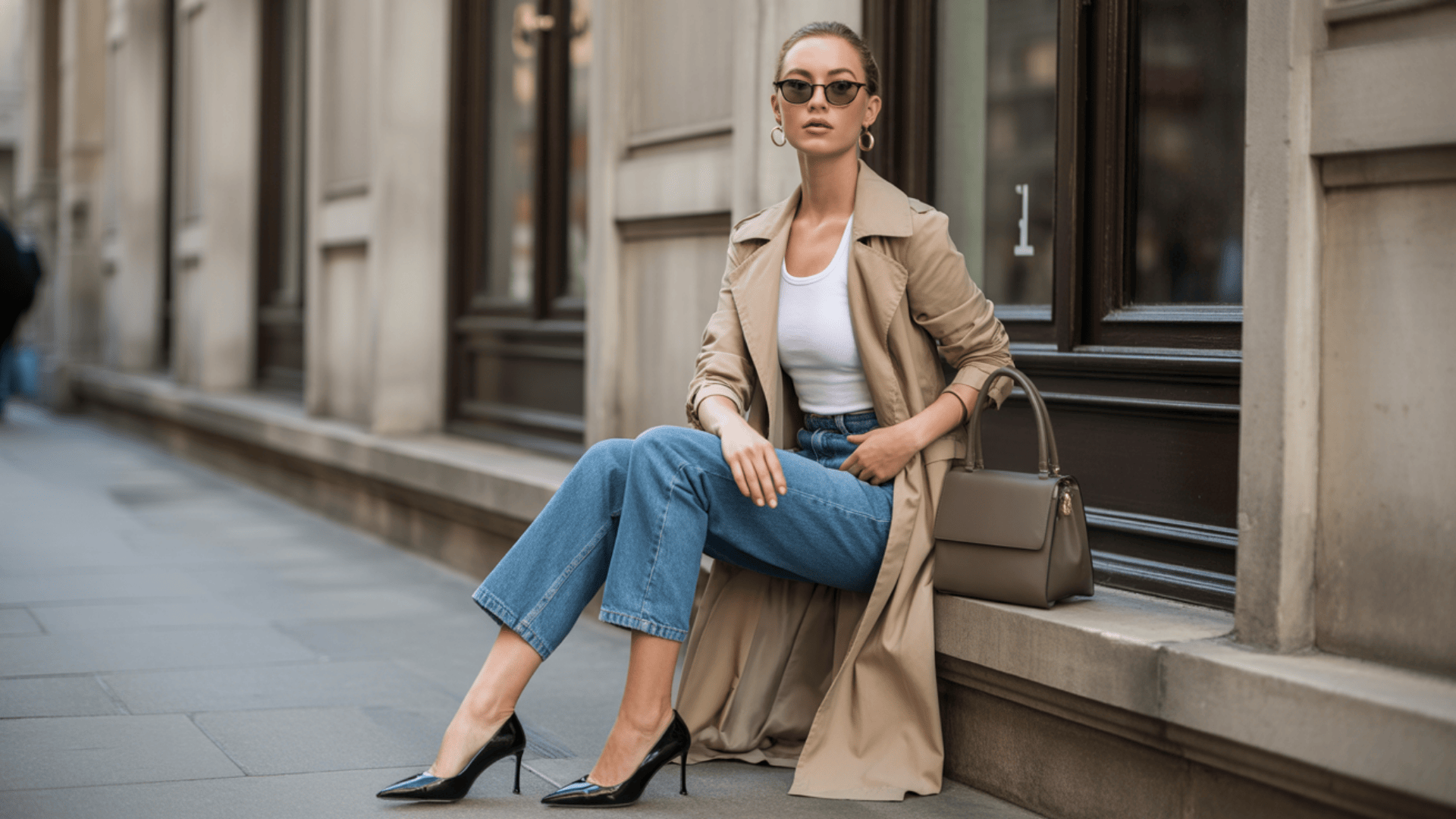 Woman in casual chic outfit wearing a beige trench coat, white top, cropped jeans, and black heels, sitting on city steps with a handbag