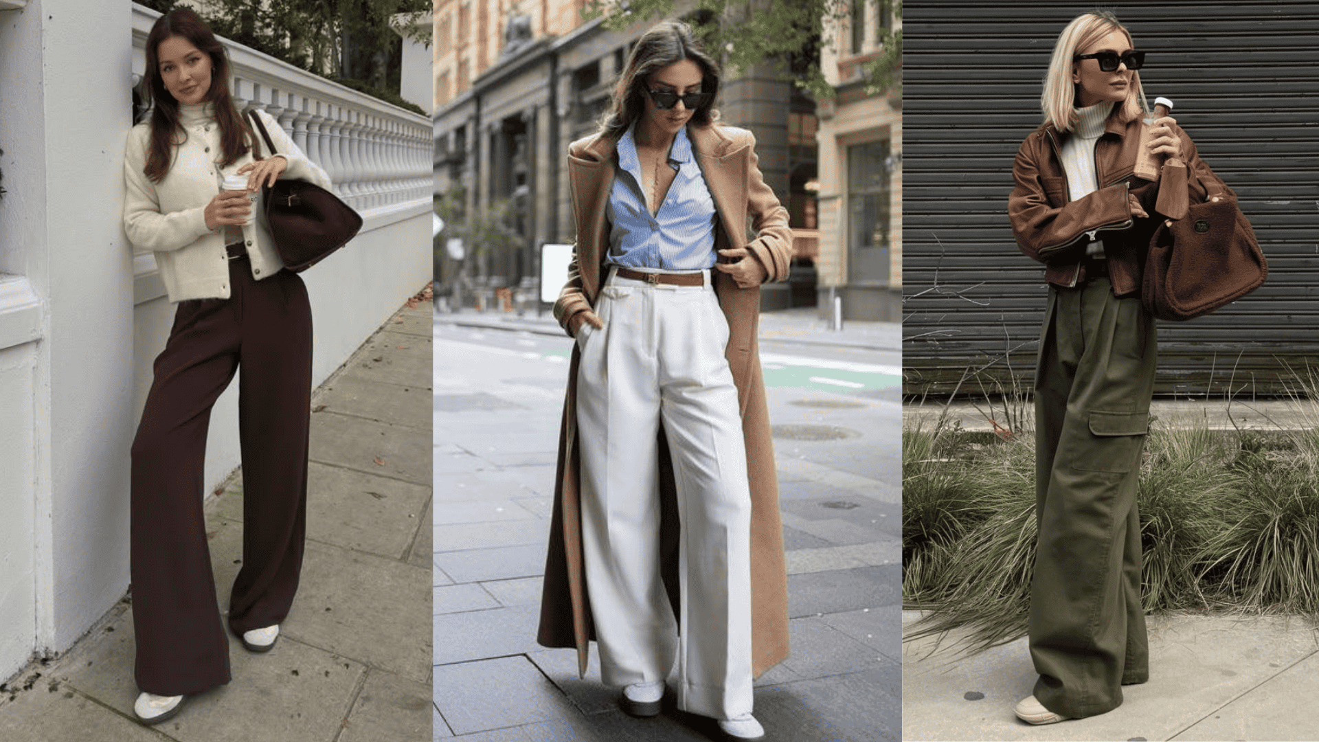 Three-layered outfits featuring wide-leg pants styled with turtlenecks, cardigans, and coats for a cozy, polished cold-weather look