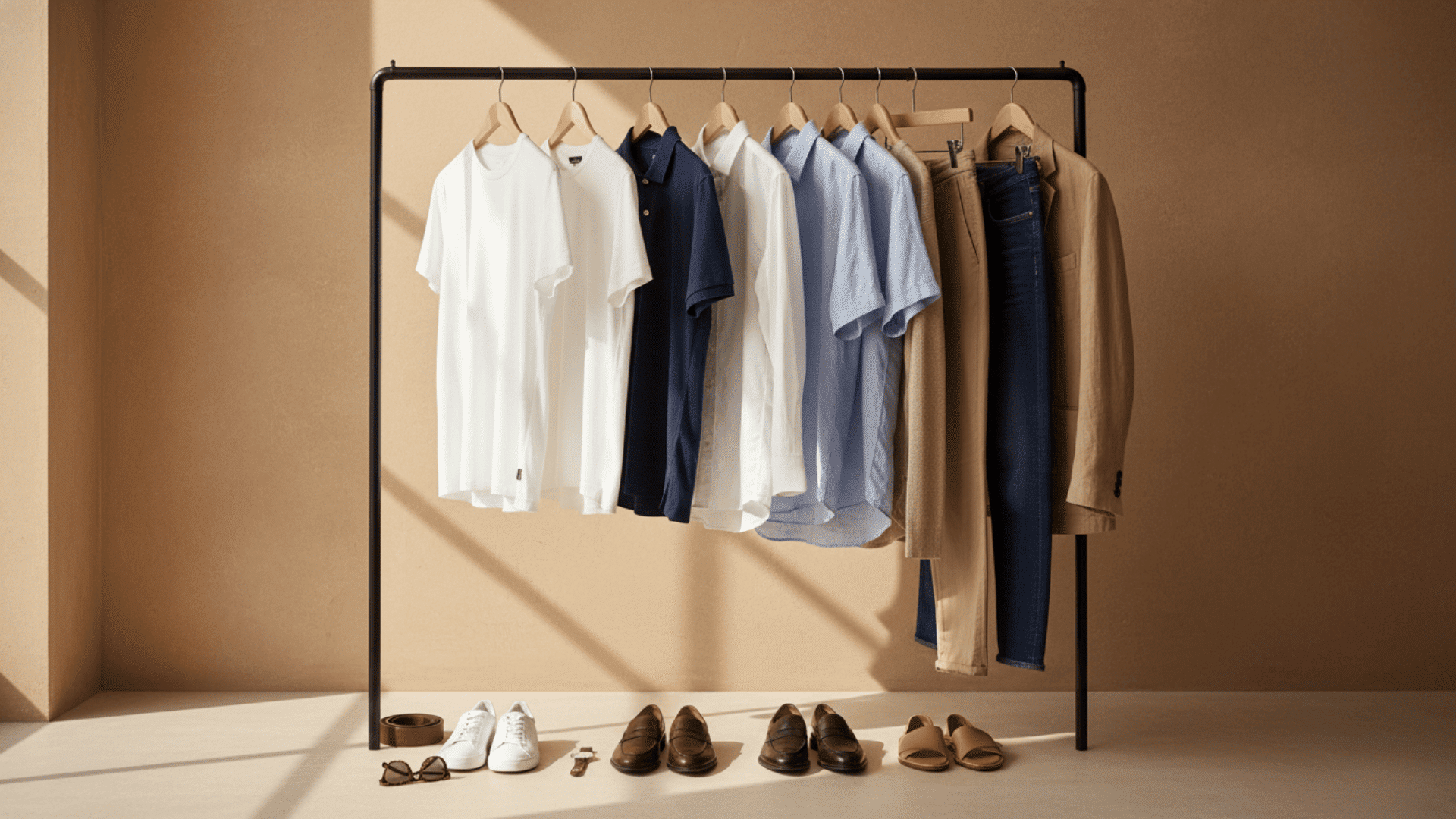 Men’s summer capsule wardrobe with neutral tees, button-down shirts, lightweight trousers, and jackets on rack, classic shoes below