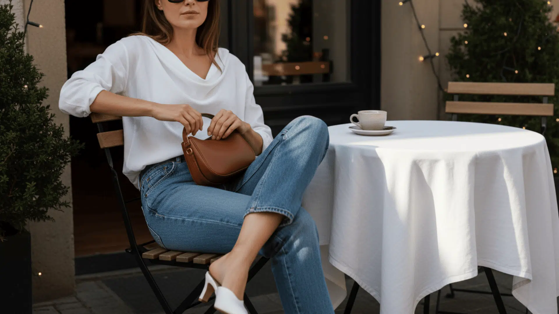 Woman in casual chic white blouse and blue jeans sitting at a café table, holding a tan handbag