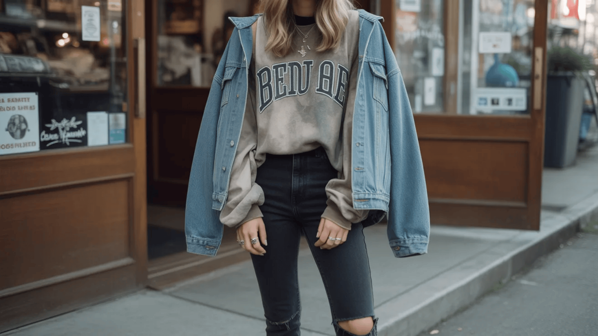 Indie sleaze outfit featuring an oversized graphic sweatshirt layered under a loose denim jacket paired with tight black skinny jeans in a street setting
