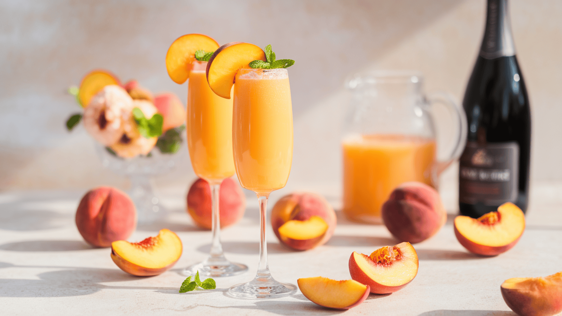 Two champagne flutes of peach mimosas garnished with peach slices and mint, surrounded by fresh peaches, a juice pitcher, and champagne bottle