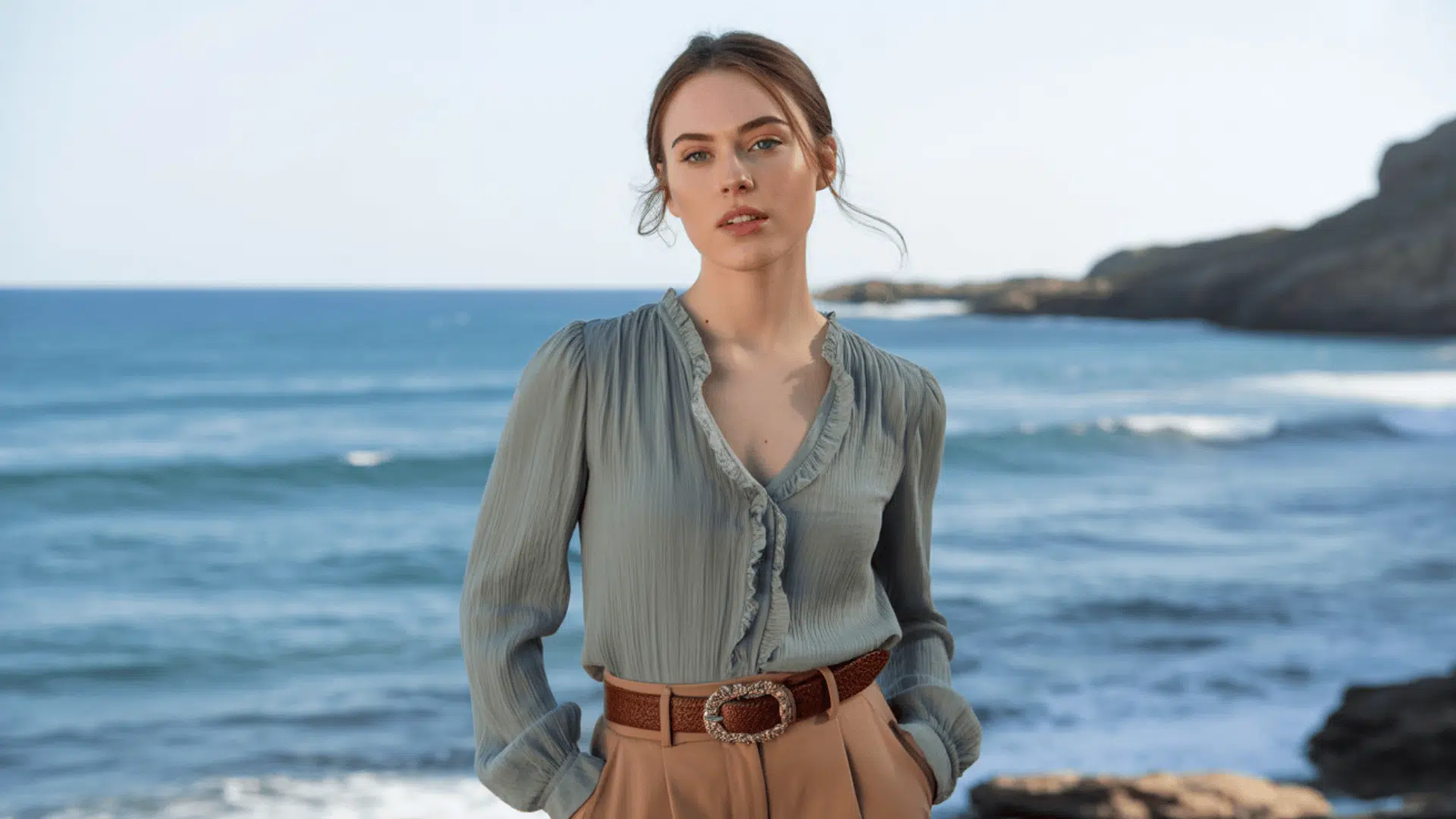 Woman wearing a soft ruffled blouse with long sleeves styled with a brown belt by the seaside.