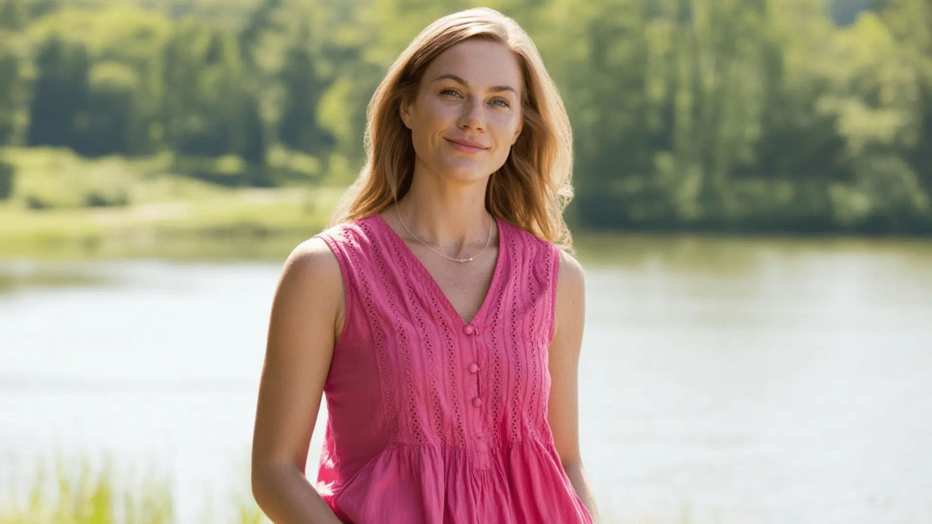 Woman wearing a pink sleeveless blouse standing outdoors near a lake with greenery in the background