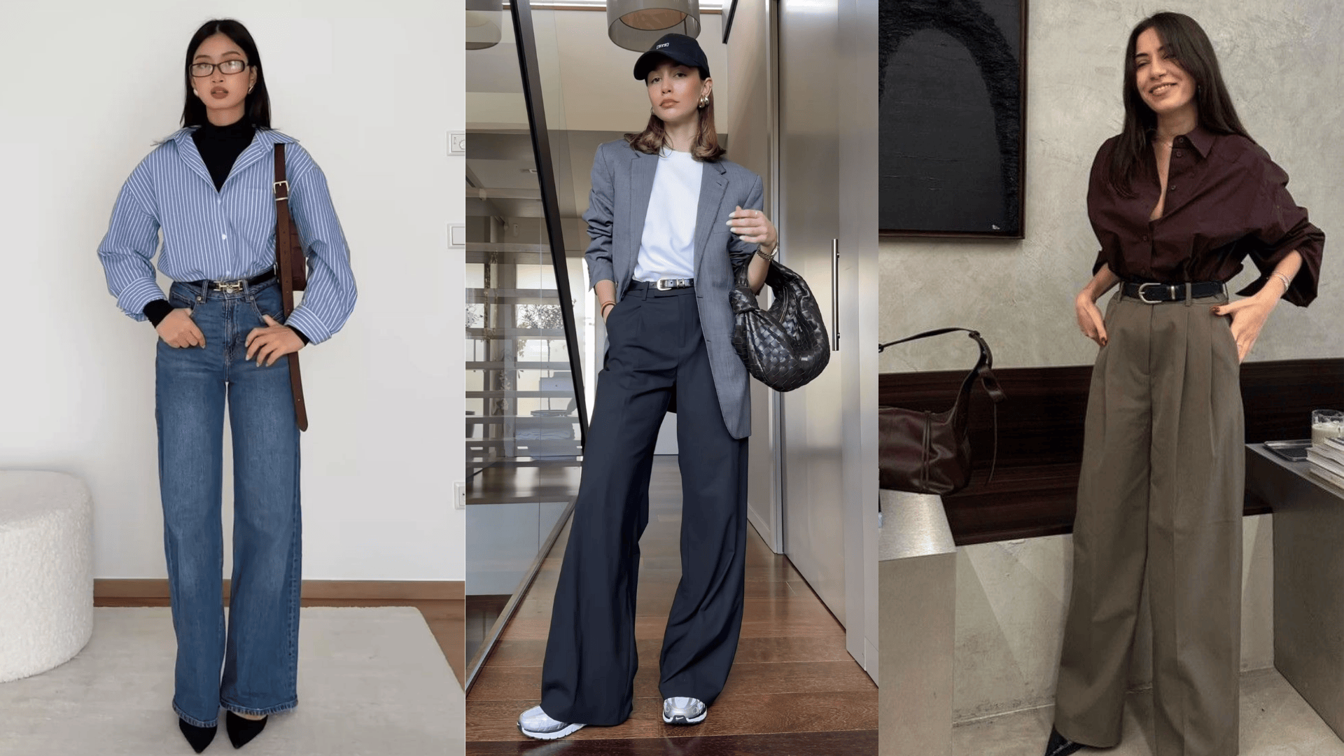 Three smart-casual outfits featuring wide-leg pants styled with blazers and button-up shirts for a polished yet relaxed look