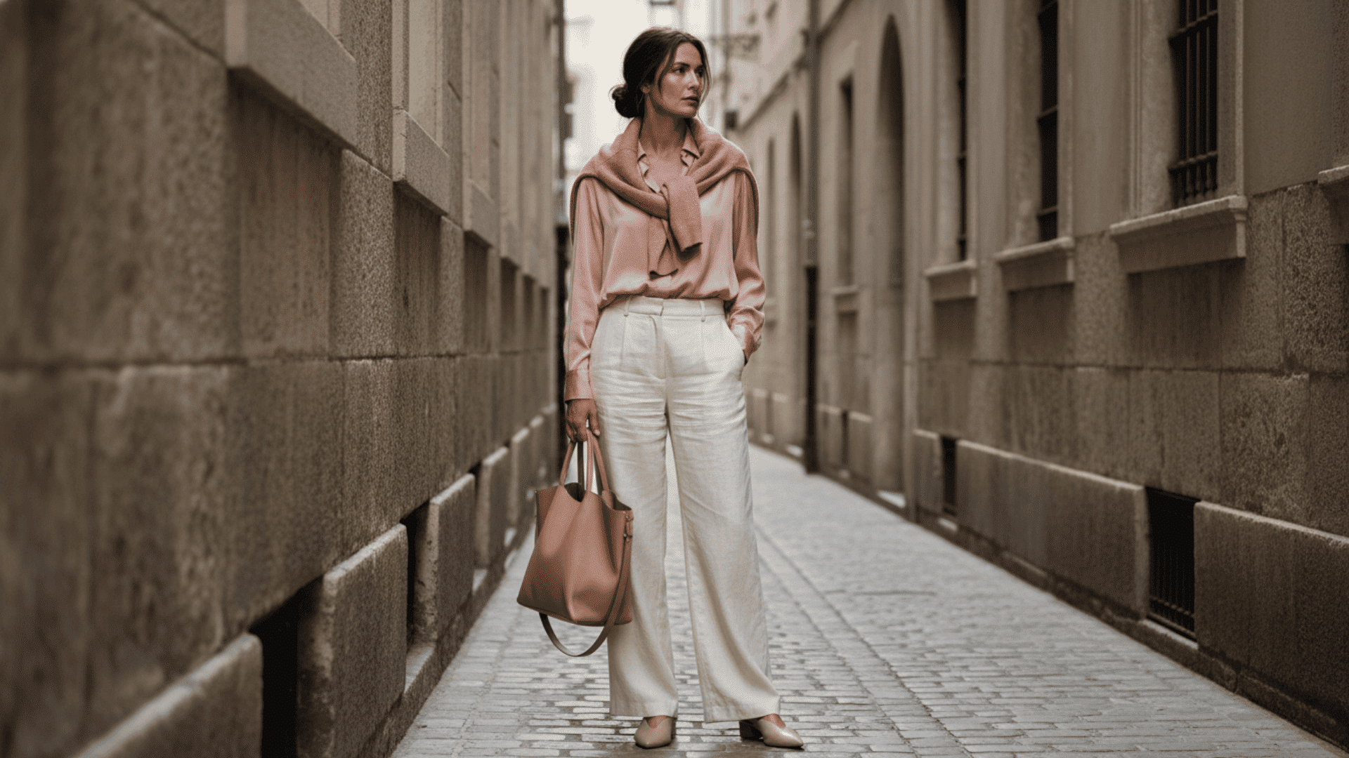 Woman in casual chic satin blouse and white wide-leg trousers walking down a narrow cobblestone street with a tote bag