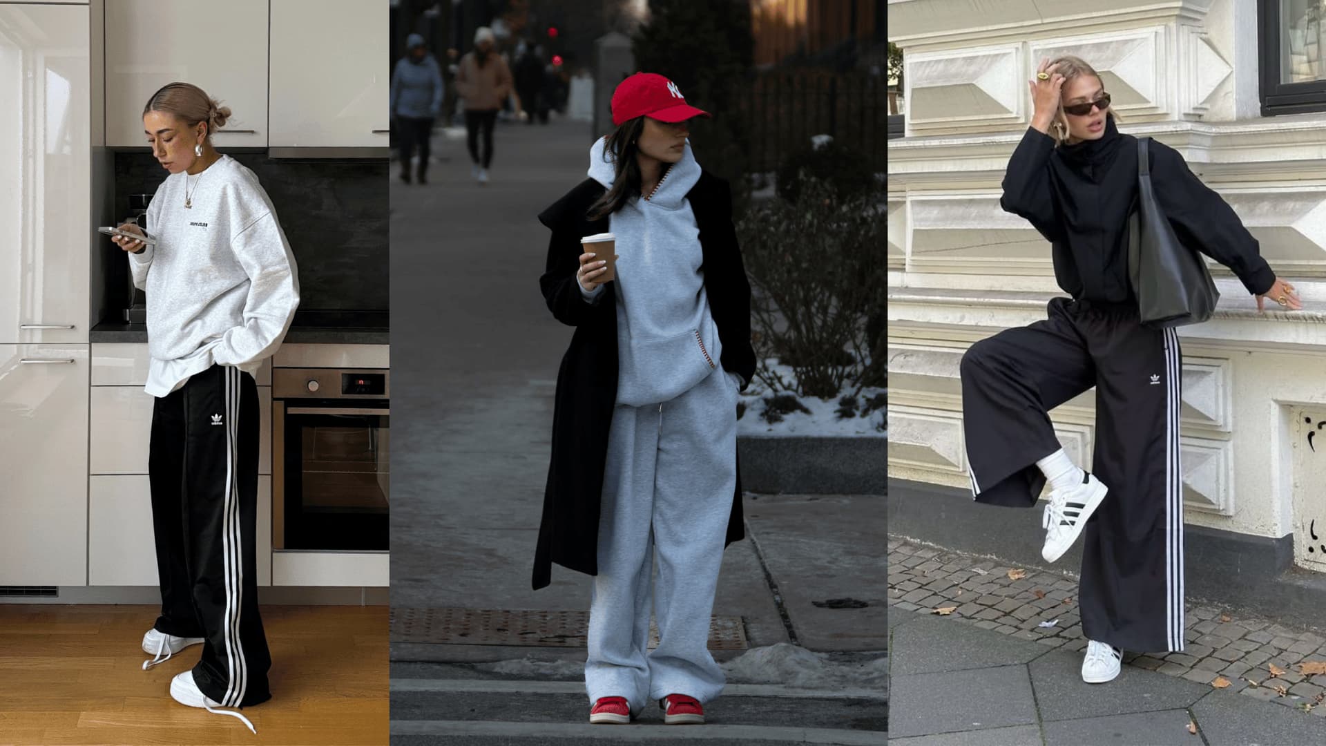 Three sporty outfits featuring wide-leg track pants styled with sweatshirts, hoodies, and sneakers for a relaxed, athletic-inspired look.