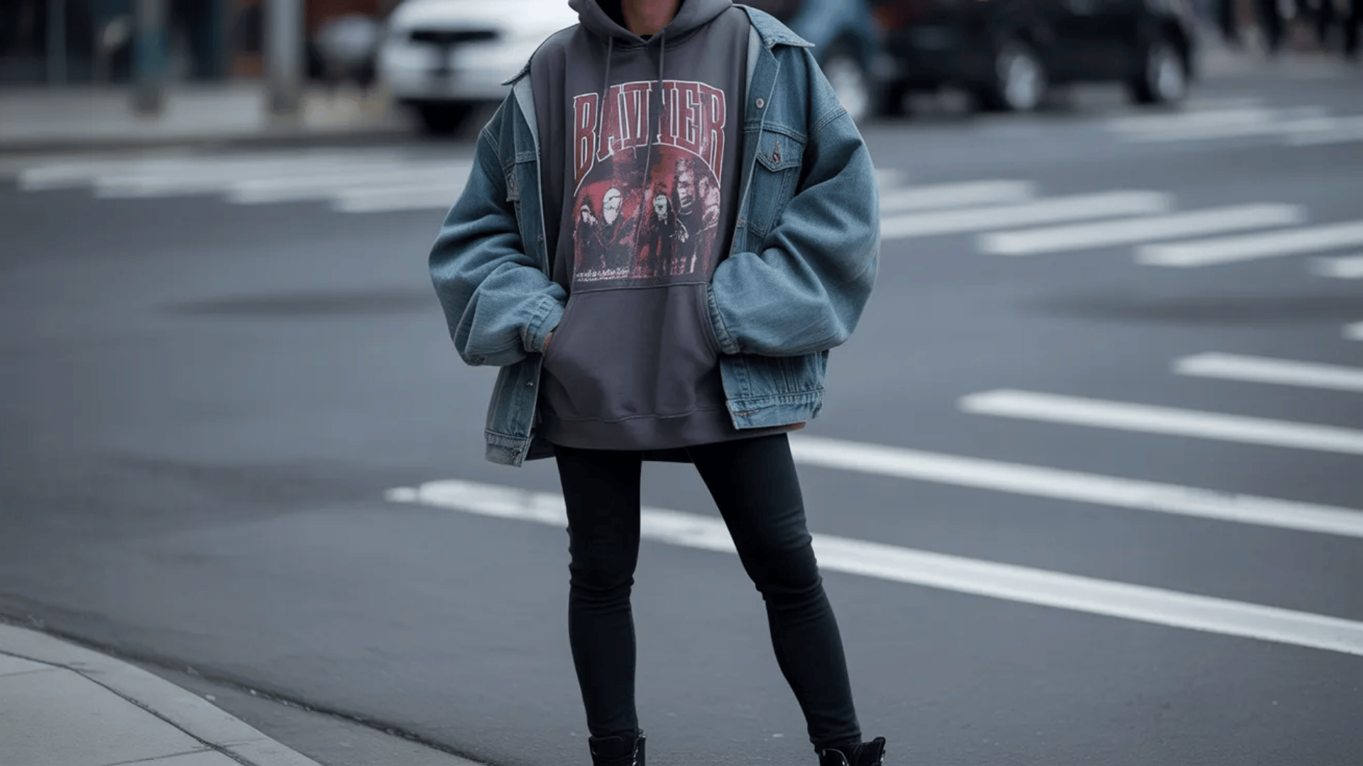 Indie sleaze outfit with an oversized graphic band hoodie layered under a loose denim jacket, paired with black skinny jeans and chunky boots for a relaxed, rebellious street look