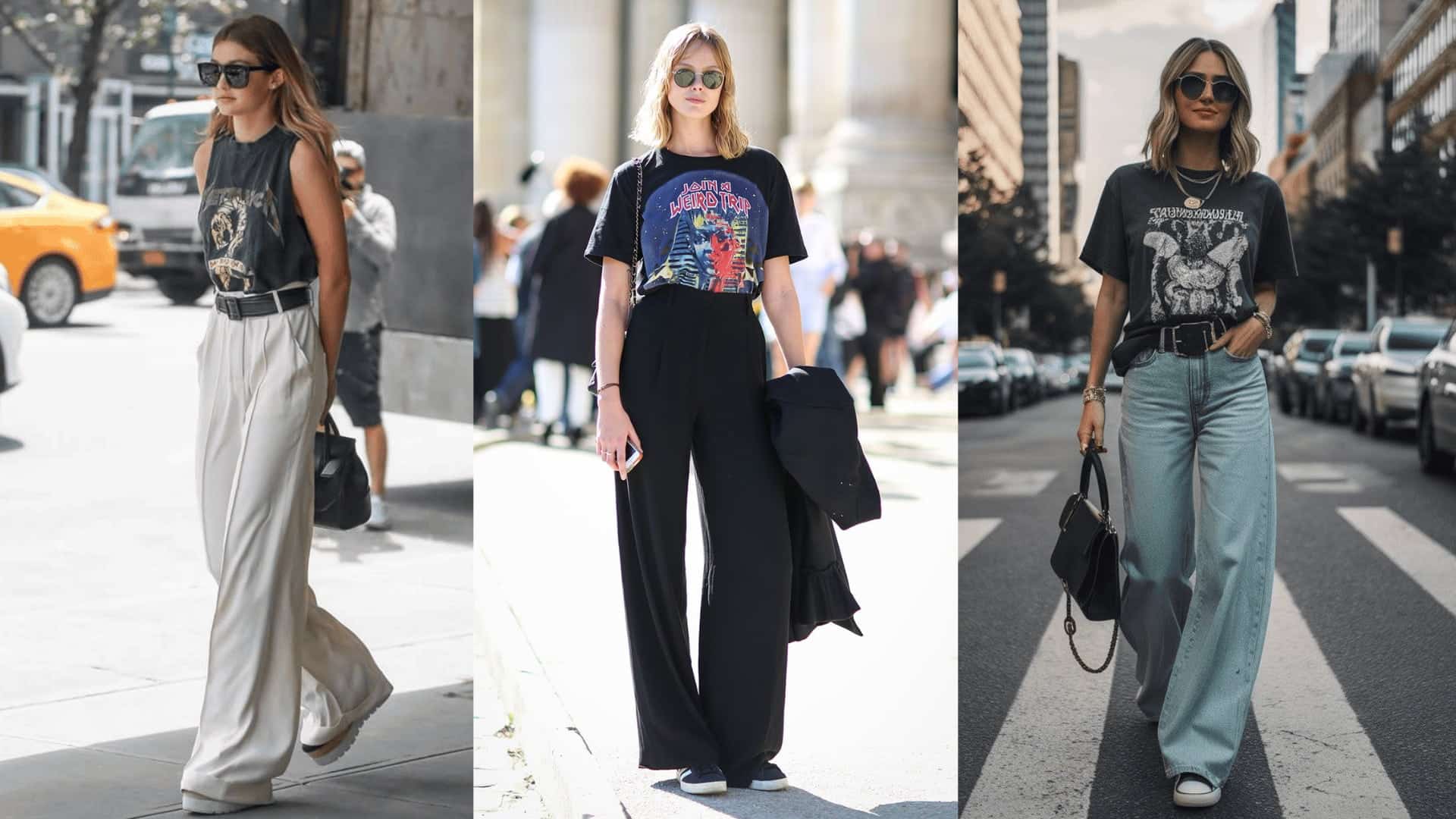 Three street style outfits featuring wide-leg pants paired with graphic tees and sunglasses for a casual, urban-inspired look