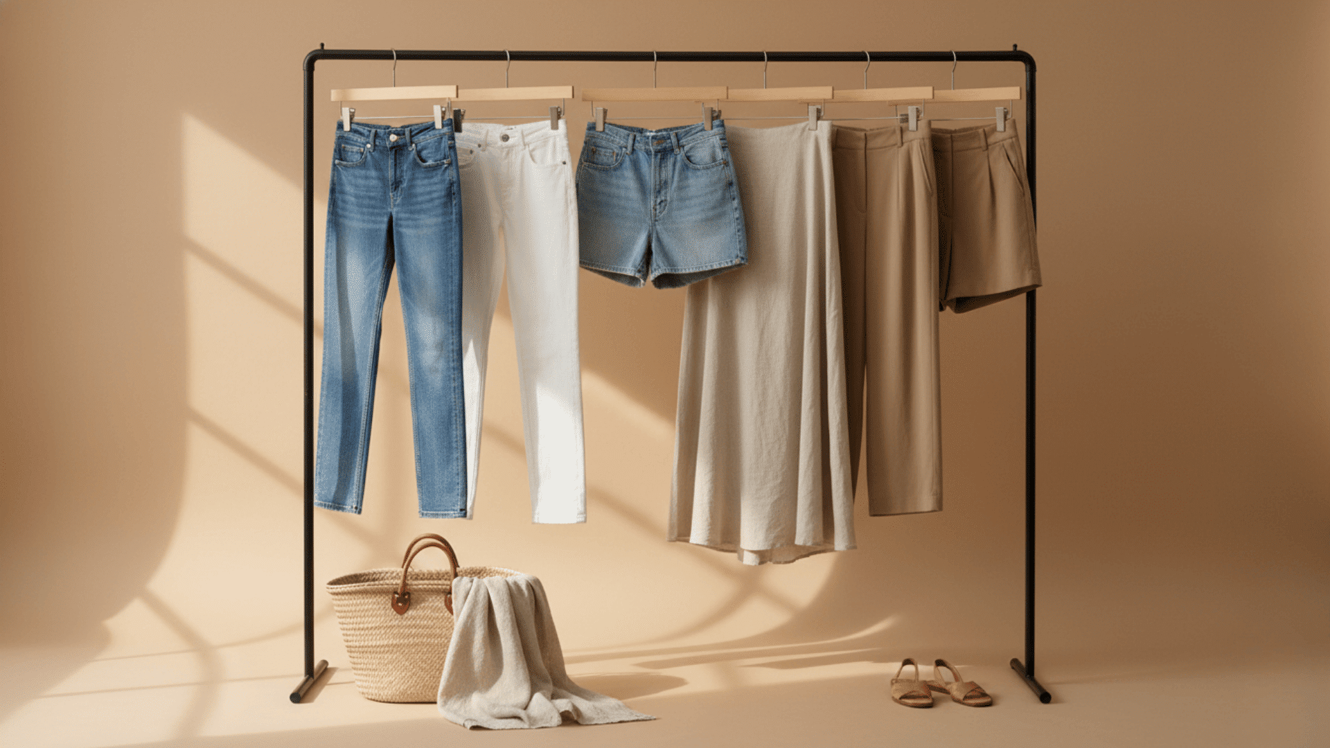 Summer capsule wardrobe bottoms, including jeans, white trousers, denim shorts, and beige pants, styled on a rack with a woven bag