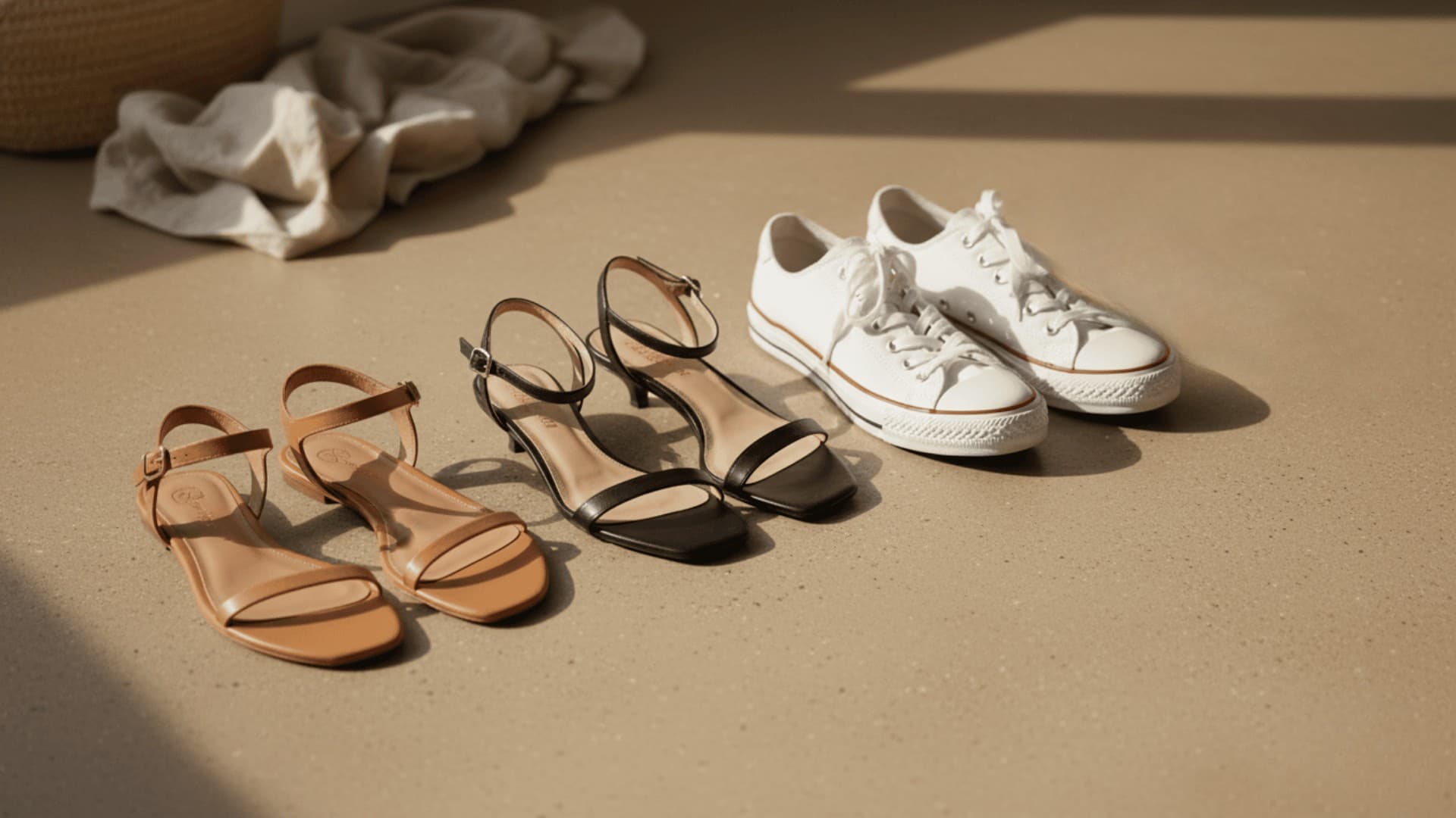 Summer capsule wardrobe shoes, including flat sandals, strappy heels, and white sneakers, arranged on the floor