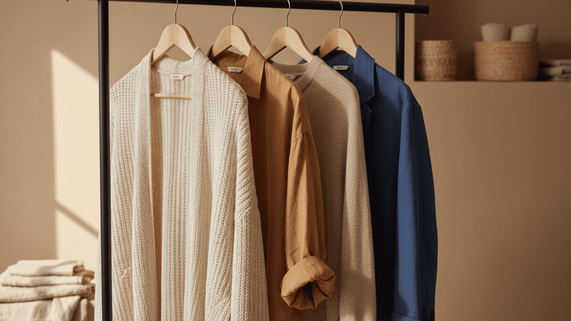 Neutral summer layering pieces, including a lightweight knit, a beige shirt, and a navy blazer, on a minimalist clothing rack