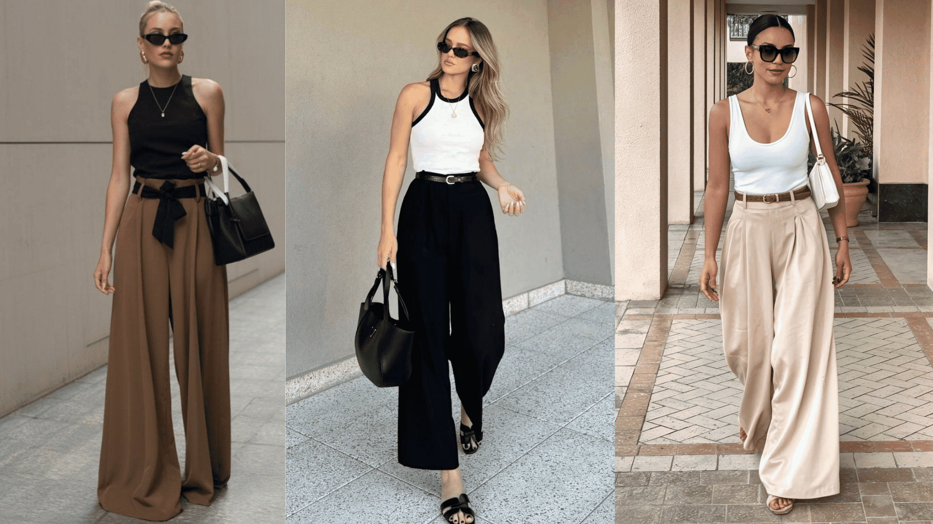 Three summer outfits featuring wide-leg pants styled with sleeveless tops and lightweight fabrics for a breathable, warm-weather look