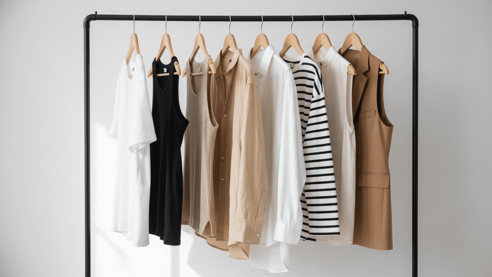 Neutral summer capsule wardrobe tops, including a white tee, a black tank, a striped shirt, and beige layers on a clothing rack