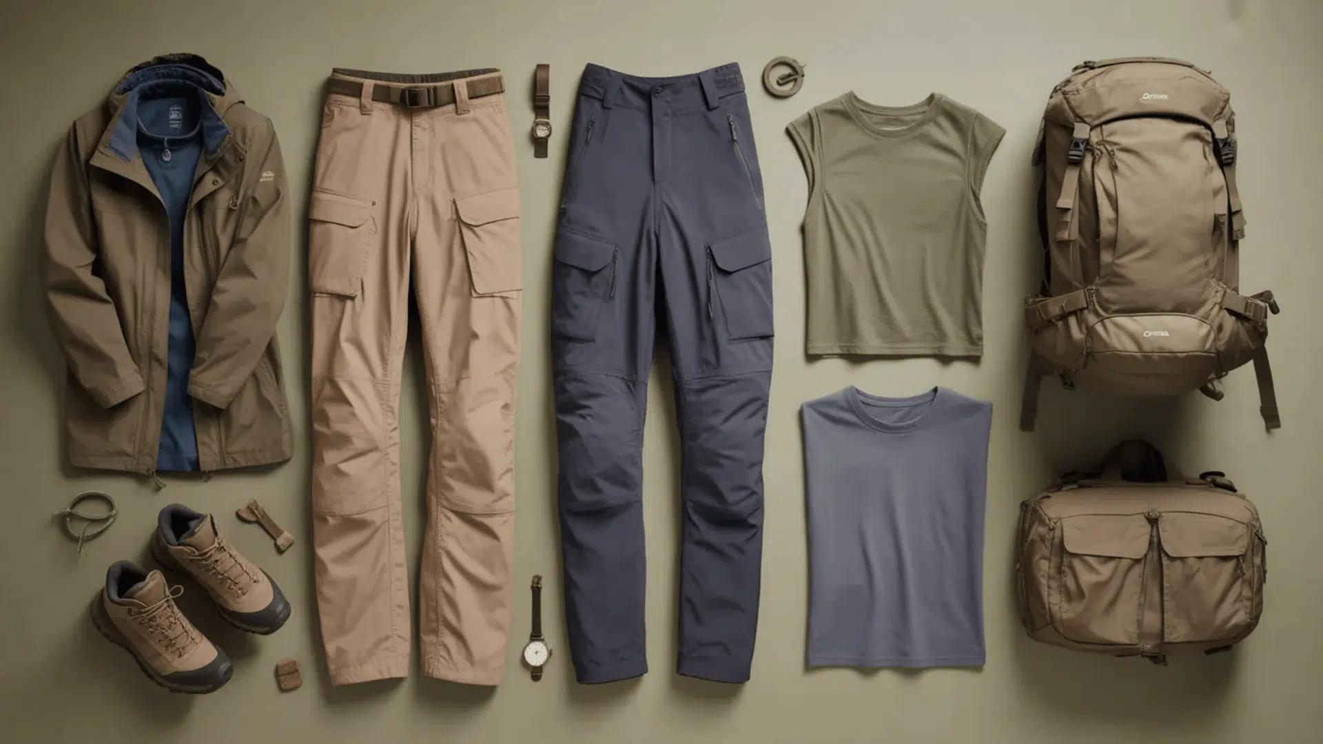 Flat lay of an Adventurer style archetype wardrobe featuring a weather-resistant jacket, cargo pants, hiking boots, performance T-shirts, utility watch, and rugged backpacks in earthy green, tan, and navy tones arranged on a muted olive background.