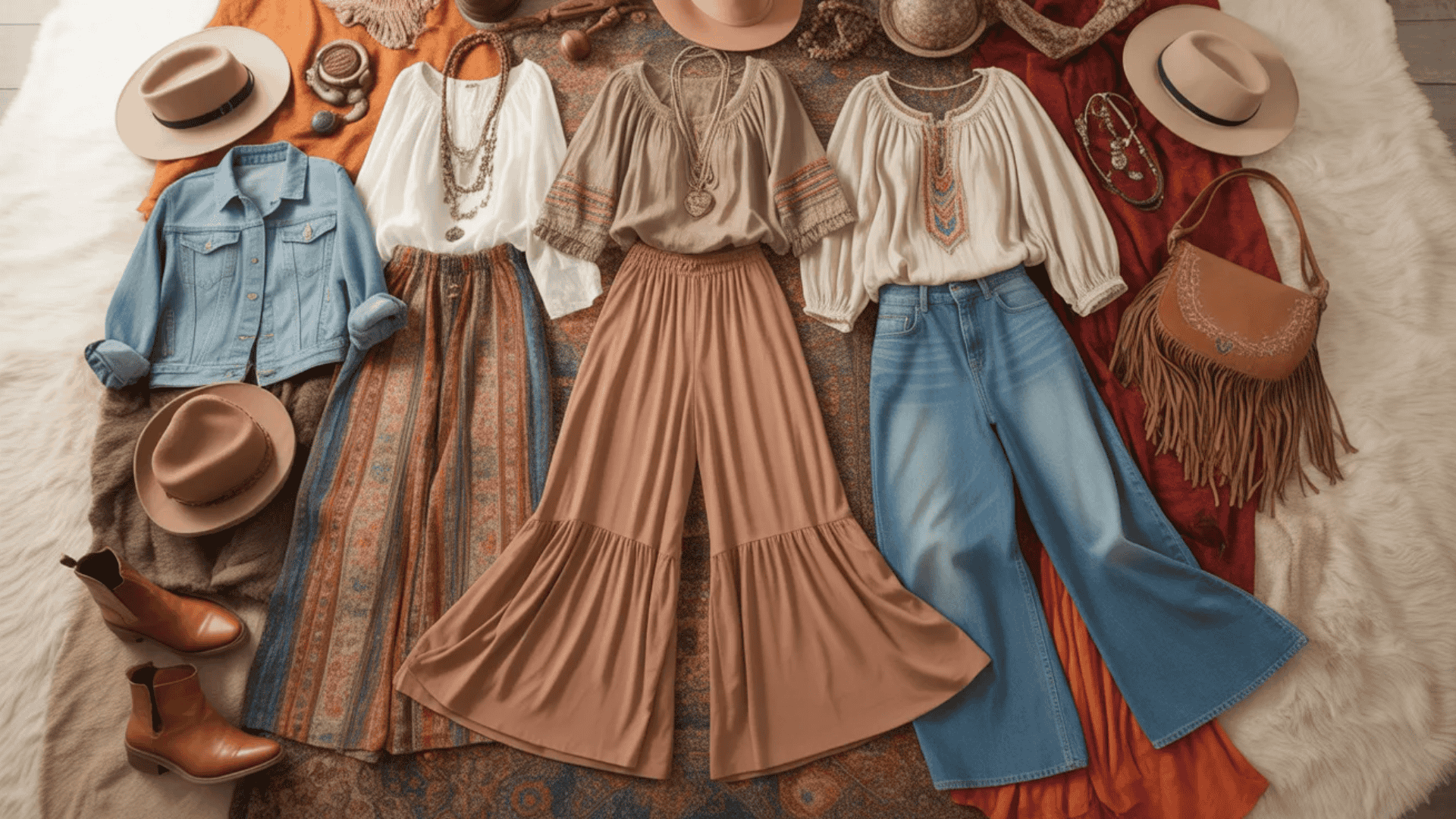 Flat lay of a Bohemian style archetype wardrobe featuring flowy peasant blouses, wide-leg pants, a patterned maxi skirt, a denim jacket, flared jeans, leather ankle boots, felt hats, layered necklaces, and a fringe crossbody bag in warm earthy tones arranged on textured fabrics.