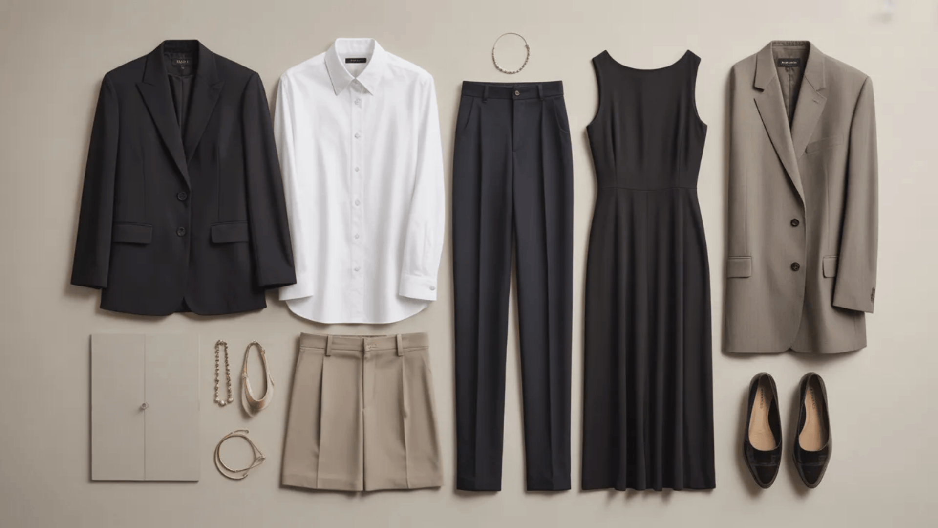 Flat lay of a Classic style archetype wardrobe featuring tailored black and beige blazers, a crisp white button-down shirt, straight-leg trousers, a sleeveless black midi dress, neutral shorts, loafers, and minimal gold accessories arranged on a beige background