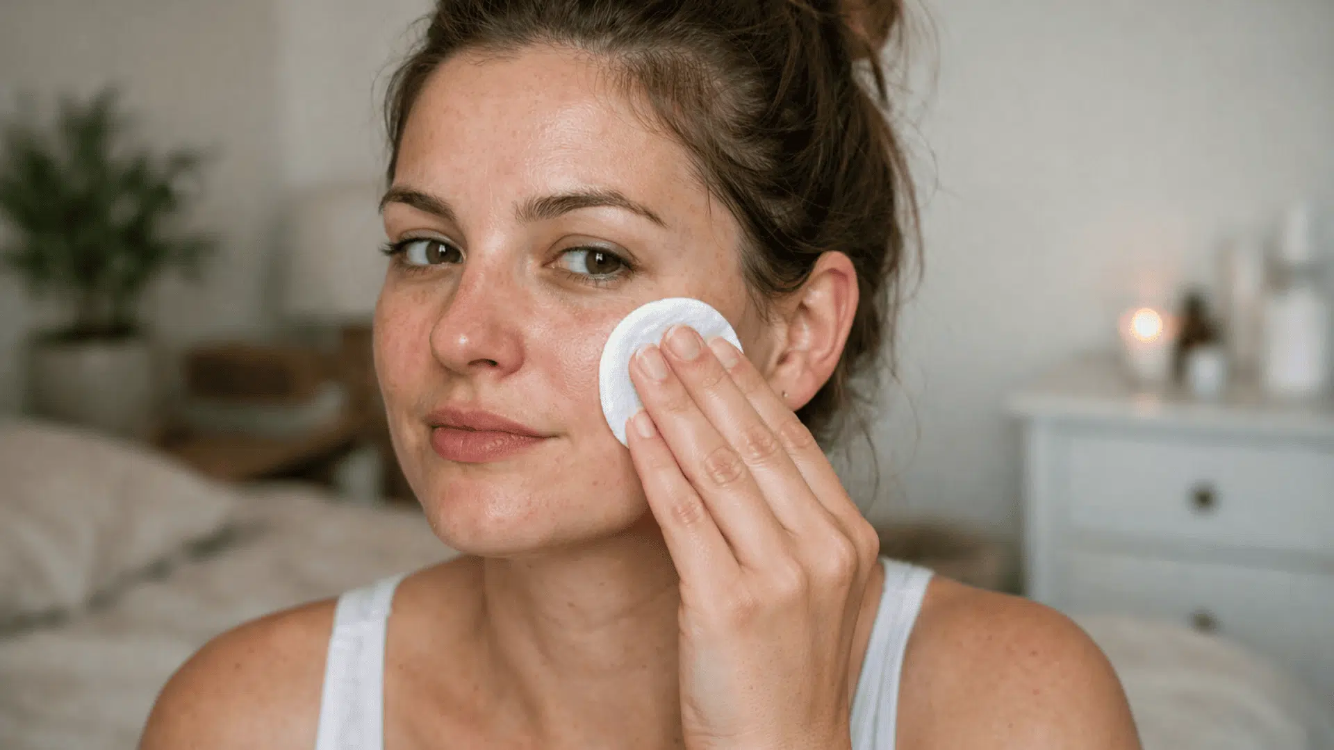 Woman applying facial toner with cotton pad to her cheek in a softly lit bedroom setting.