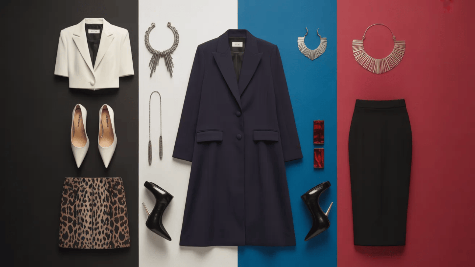 Flat lay of a Dramatic style archetype wardrobe featuring a structured navy coat, cropped white blazer, black pencil skirt, leopard print skirt, pointed heels, sleek ankle boots, and bold statement jewelry arranged against contrasting black, white, blue, and red backgrounds.