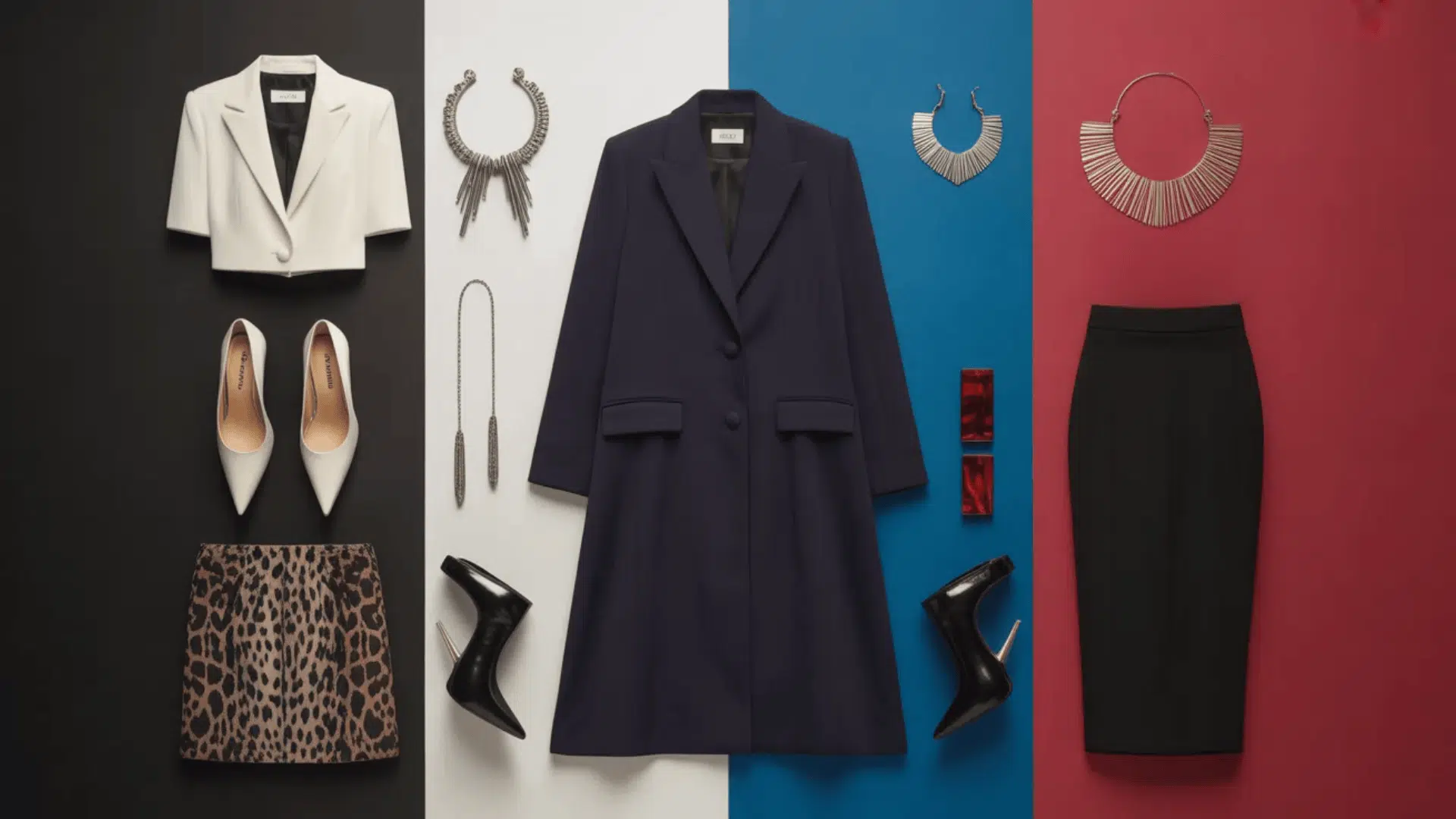 Flat lay of a Dramatic style archetype wardrobe featuring a structured navy coat, cropped white blazer, black pencil skirt, leopard print skirt, pointed heels, sleek ankle boots, and bold statement jewelry arranged against contrasting black, white, blue, and red backgrounds.