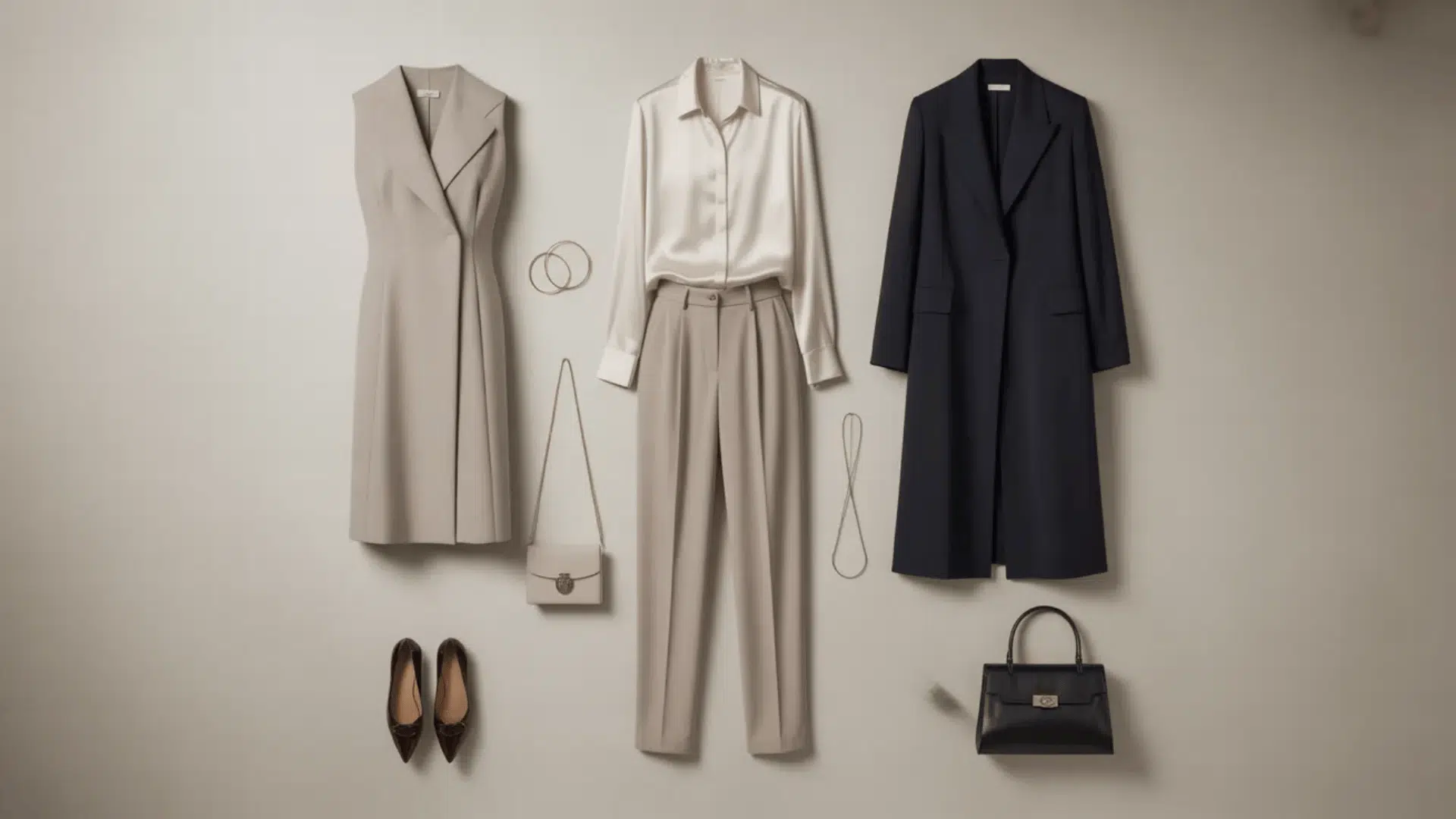 Flat lay of an Elegant style archetype wardrobe featuring a tailored sleeveless dress, silk blouse with wide-leg trousers, long structured coat, pointed heels, minimalist jewelry, and structured handbags in neutral beige and navy tones arranged on a soft neutral background.
