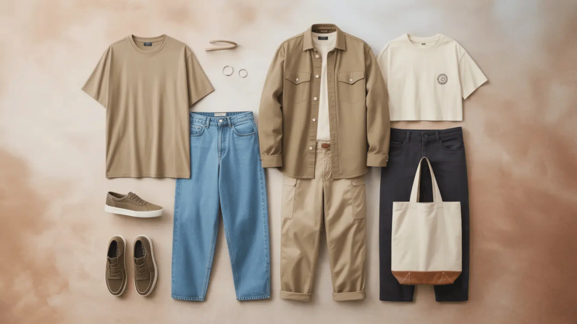 Flat lay of a Natural style archetype wardrobe featuring neutral T-shirts, a beige overshirt, relaxed jeans, cargo pants, a cropped tee, a canvas tote bag, and casual sneakers in earthy tones arranged on a warm beige background.