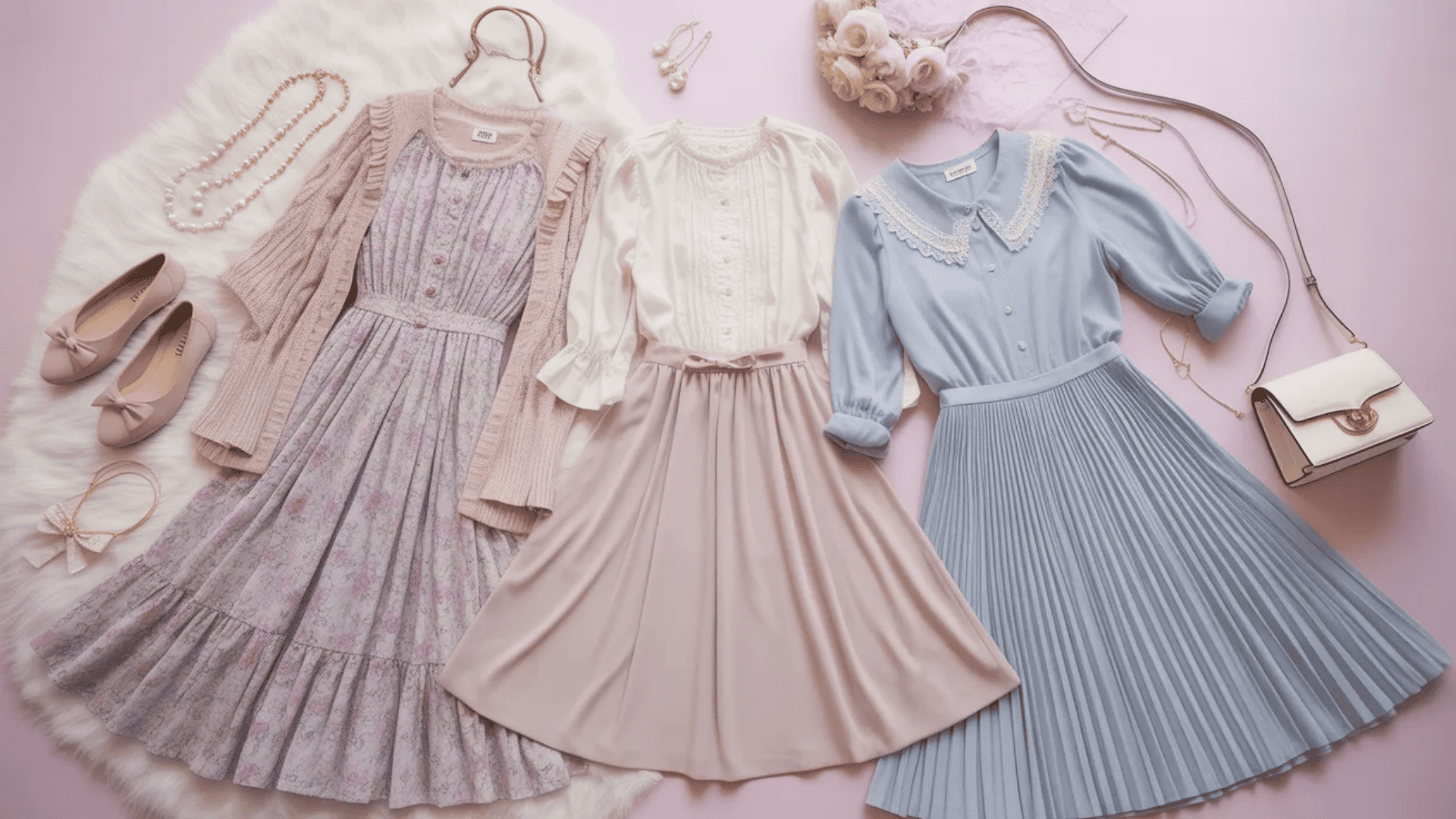 Flat lay of a Romantic style archetype wardrobe featuring pastel floral dresses, a soft pink cardigan, a lace blouse, a pleated midi skirt, ballet flats, pearl jewelry, delicate hair accessories, and a small cream handbag arranged on a blush pink background.