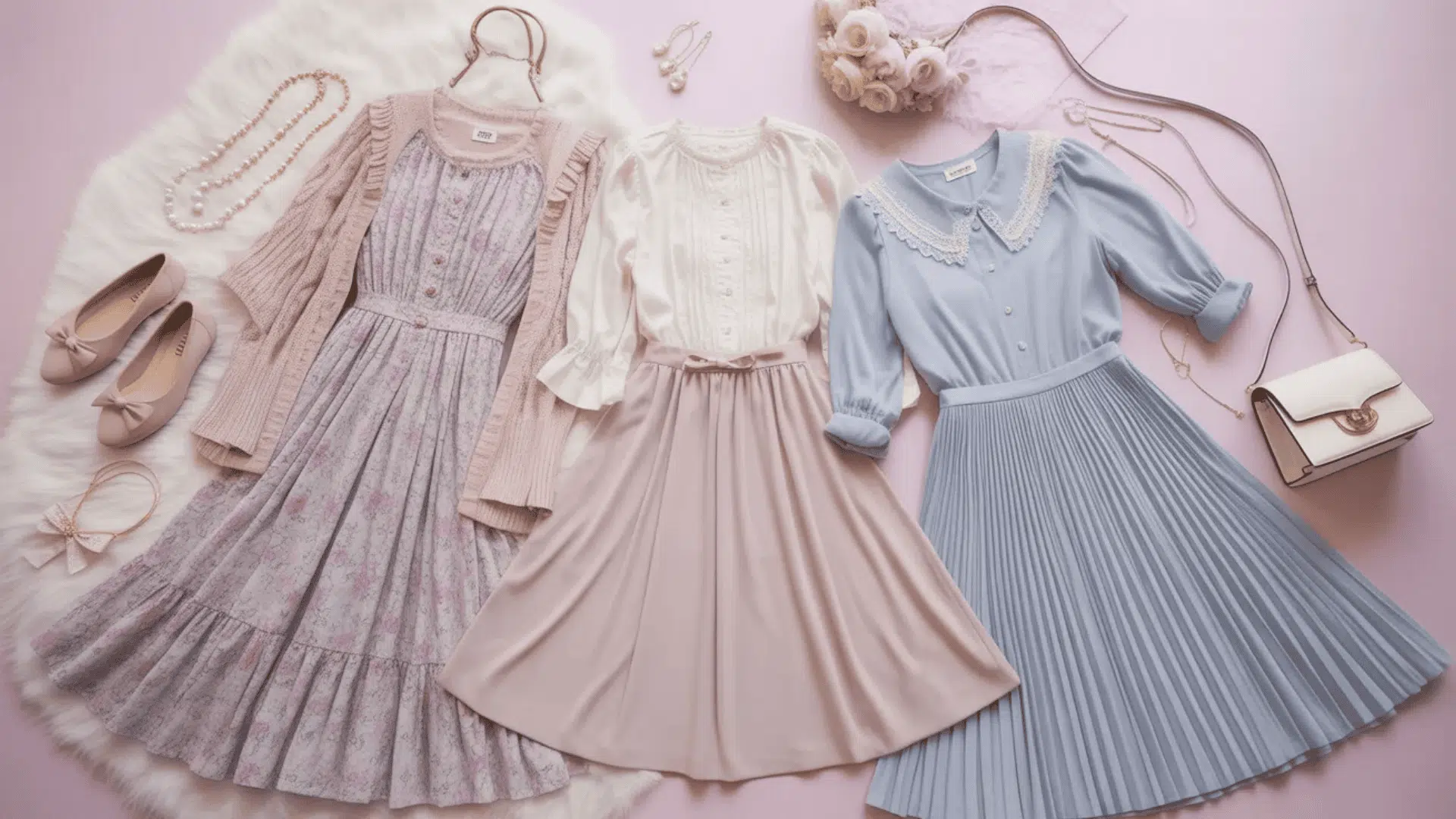 Flat lay of a Romantic style archetype wardrobe featuring pastel floral dresses, a soft pink cardigan, a lace blouse, a pleated midi skirt, ballet flats, pearl jewelry, delicate hair accessories, and a small cream handbag arranged on a blush pink background.