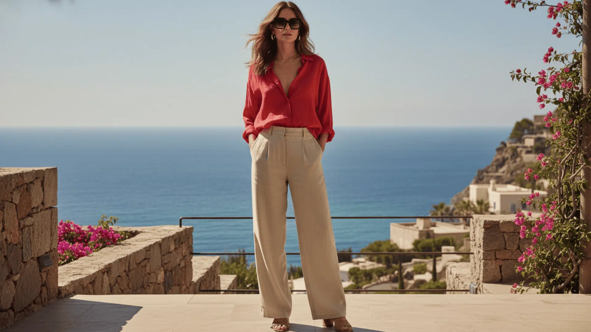 Woman in casual chic red blouse and beige wide-leg pants standing on a terrace overlooking the sea