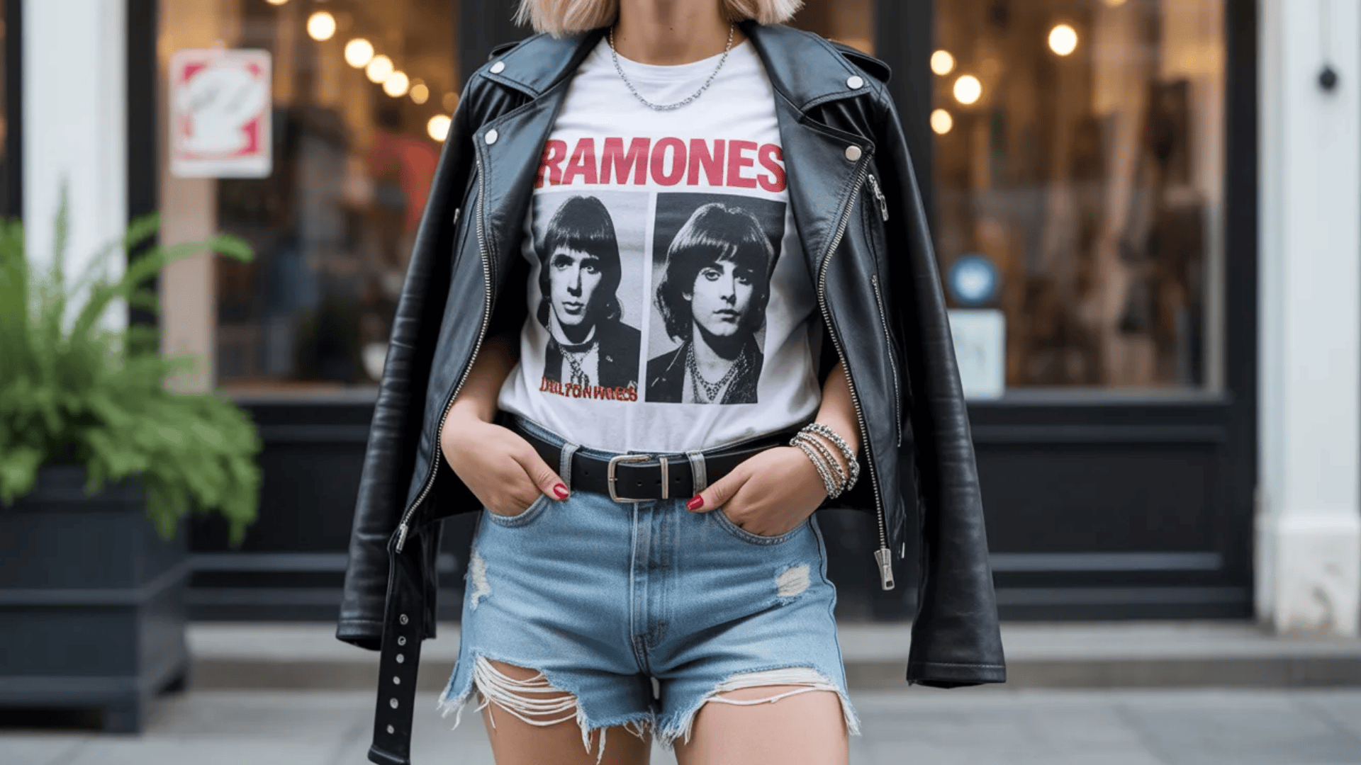 Vintage and thrifted indie sleaze outfit featuring a Ramones band tee, black leather jacket, distressed denim shorts, and layered bracelets styled in a street setting