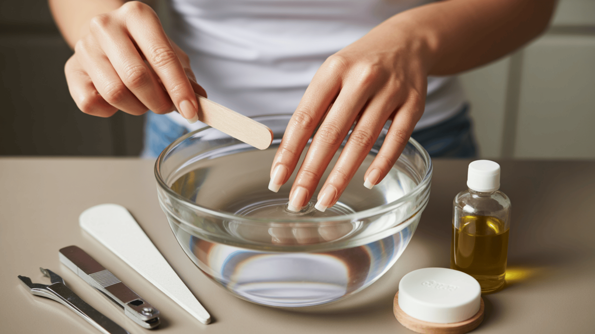 Warm water, dish soap, and oil method soaking acrylic nails in a bowl with nail tools and an oil bottle nearby