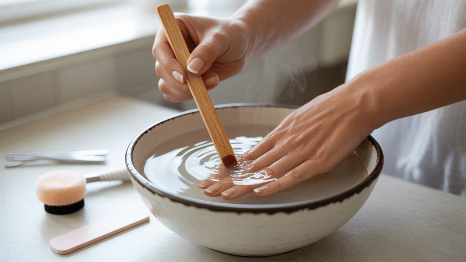 Warm water soak and gentle lifting method removing acrylic nails using a wooden stick in a bowl of warm water