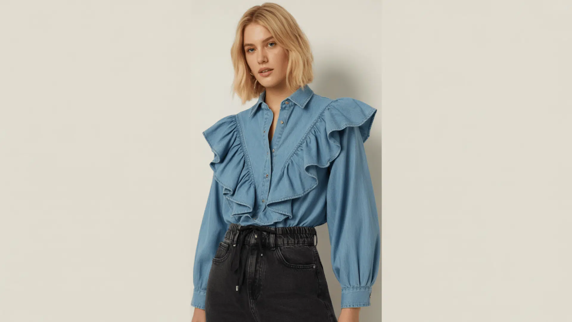 Woman wearing a blue ruffle-detailed blouse with long sleeves paired with high-waisted black trousers