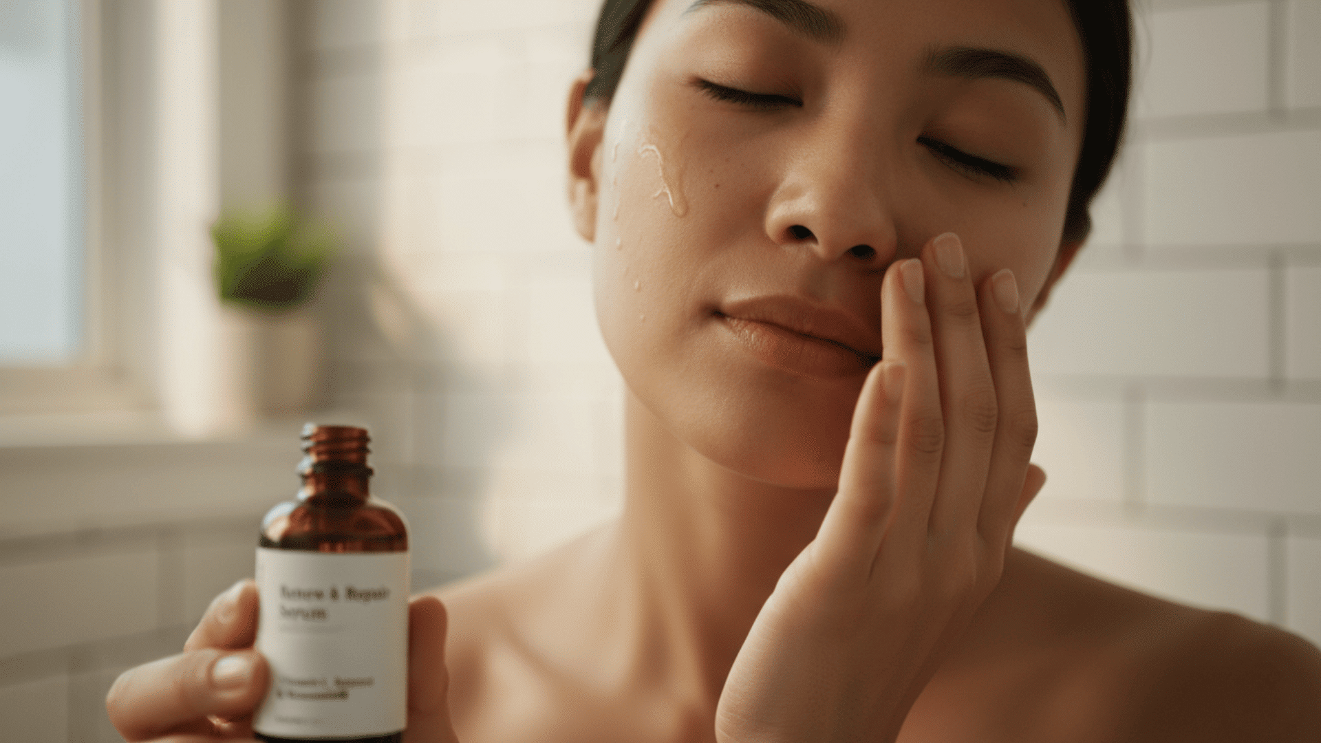 Woman gently pressing facial serum into her cheek while holding a brown glass serum bottle with eyes closed
