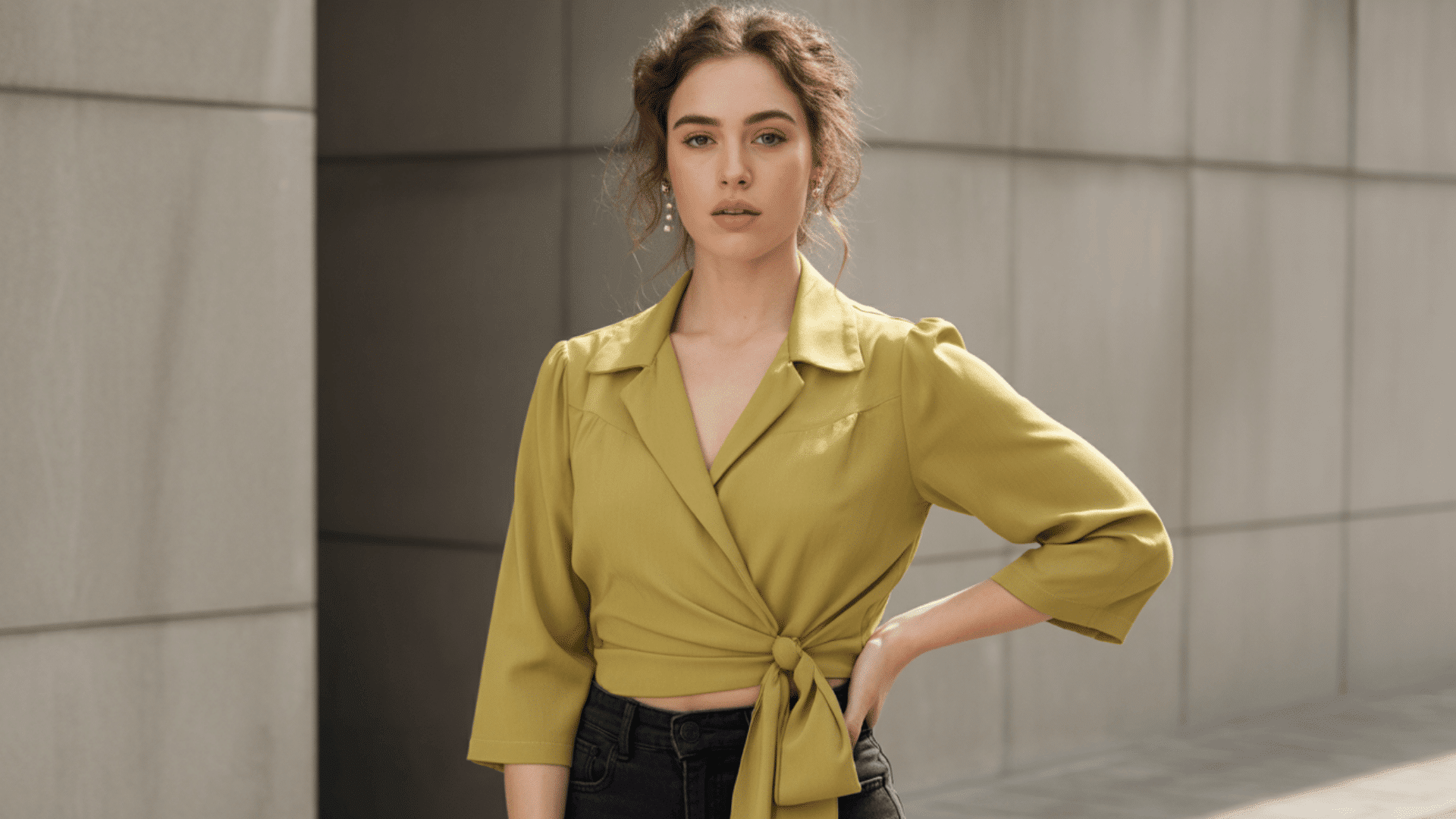 Woman wearing a green wrap blouse with tie waist detail paired with dark high waisted jeans.