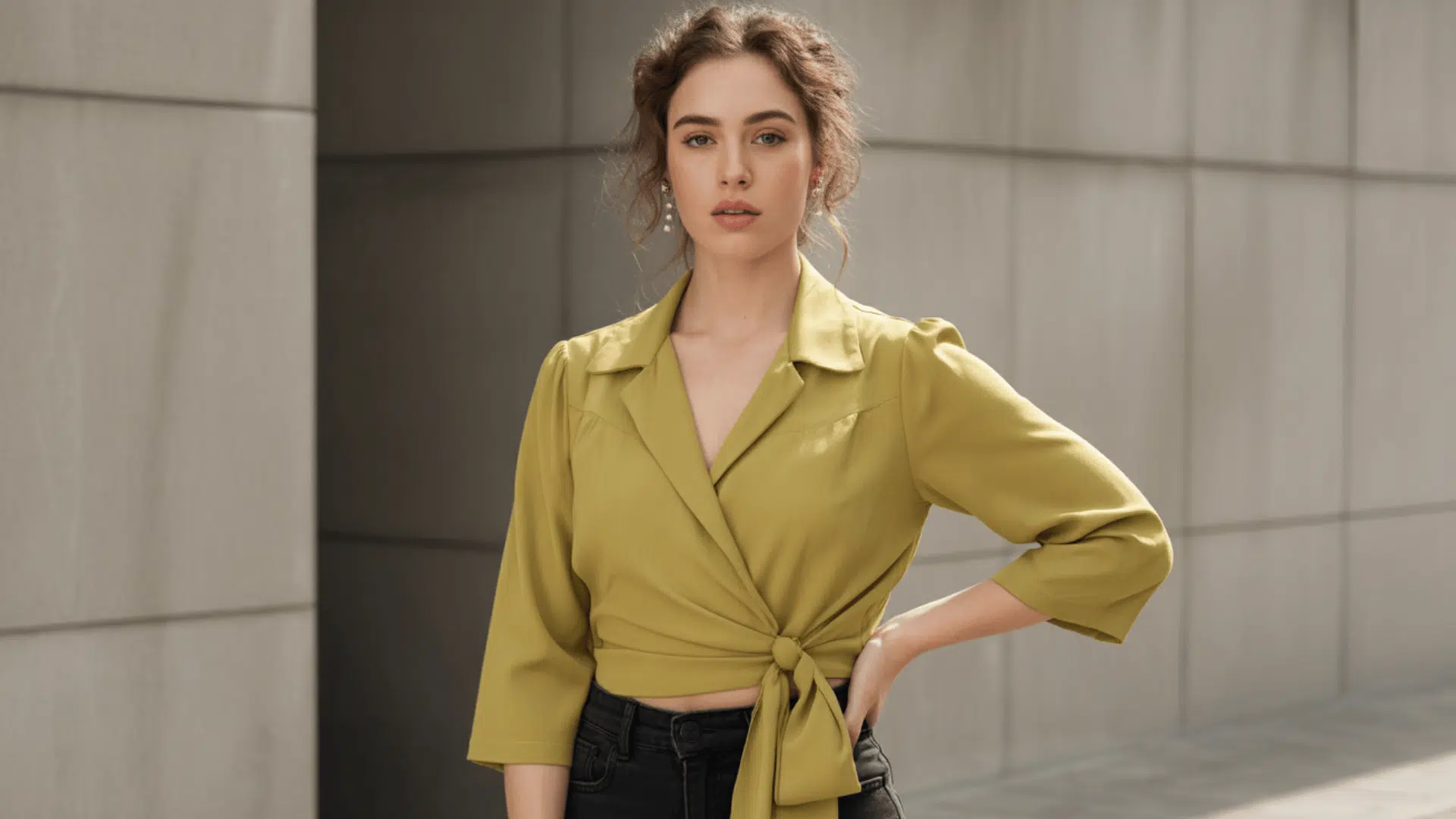 Woman wearing a green wrap blouse with tie waist detail paired with dark high waisted jeans.