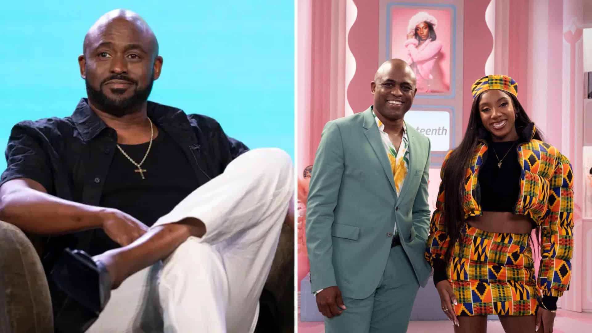 Wayne Brady seated in a studio on the left and posing with a woman in colorful attire on the right