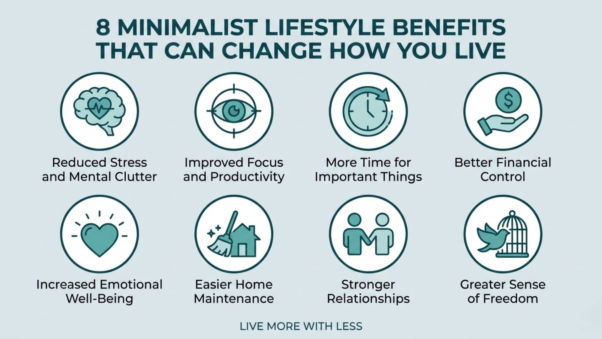 Infographic of 8 minimalist benefits- reduced stress, focus, time, control, well-being, easier home care, relationships, freedom