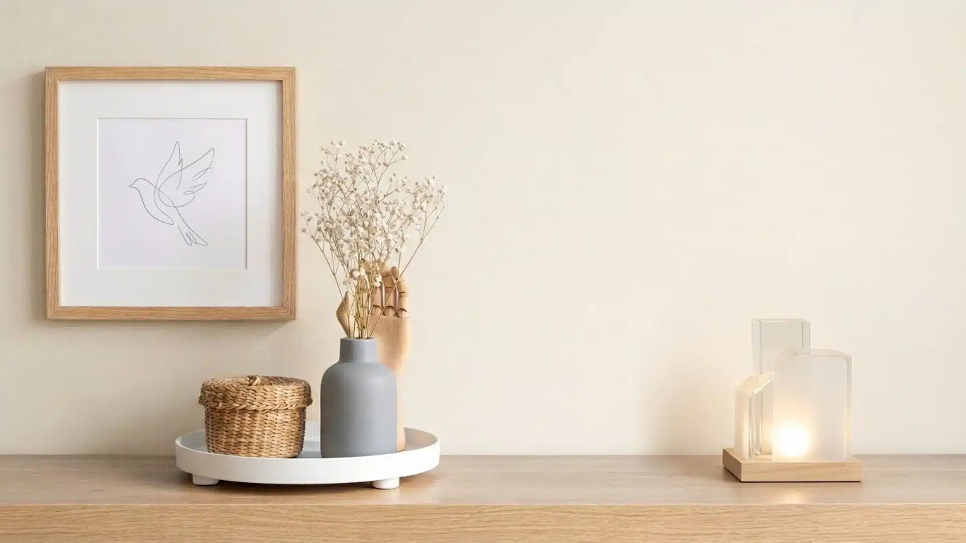 Minimalist home decor setup with a framed bird line art, vase with dried flowers, woven basket, and a soft-lit candle on a clean wooden surface