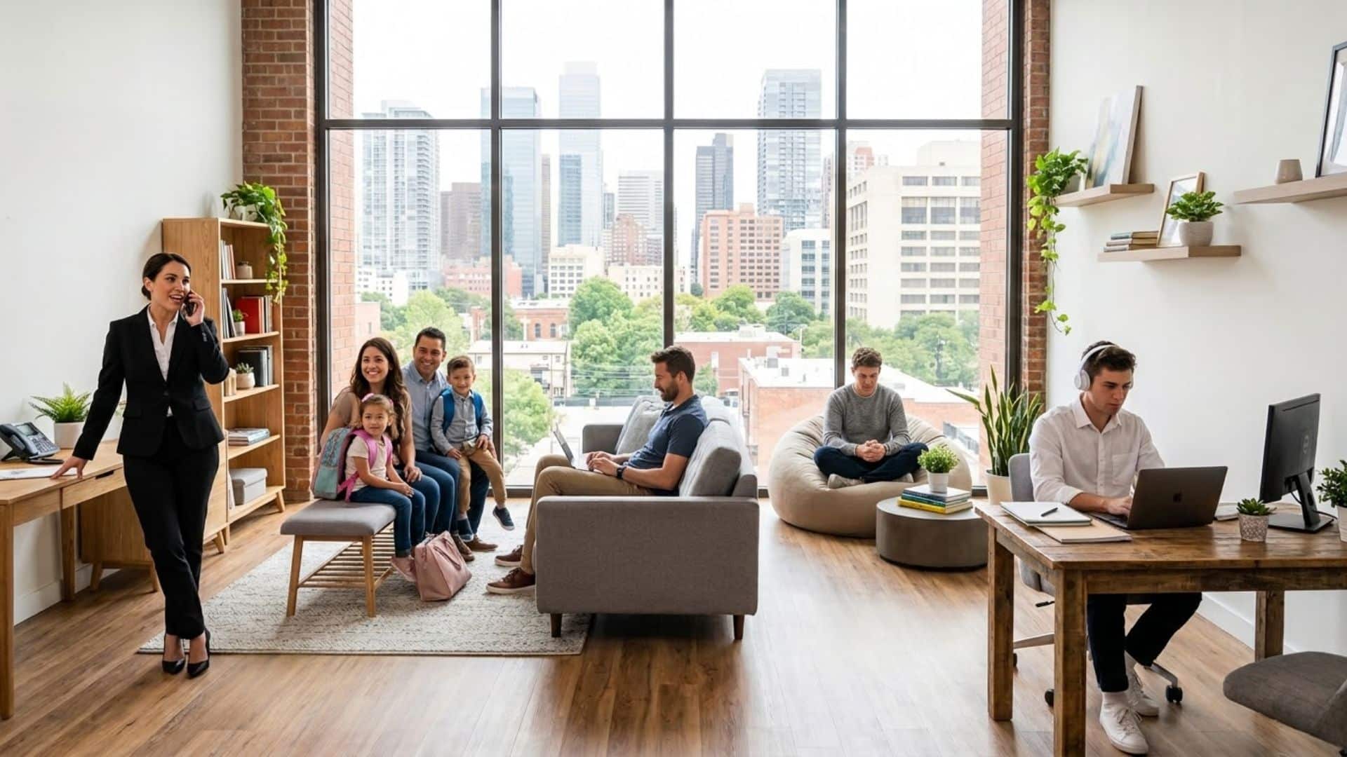 Modern open-plan space showing a woman on a call, a family sitting together, and two individuals working on laptops, illustrating different lifestyles in one shared environment